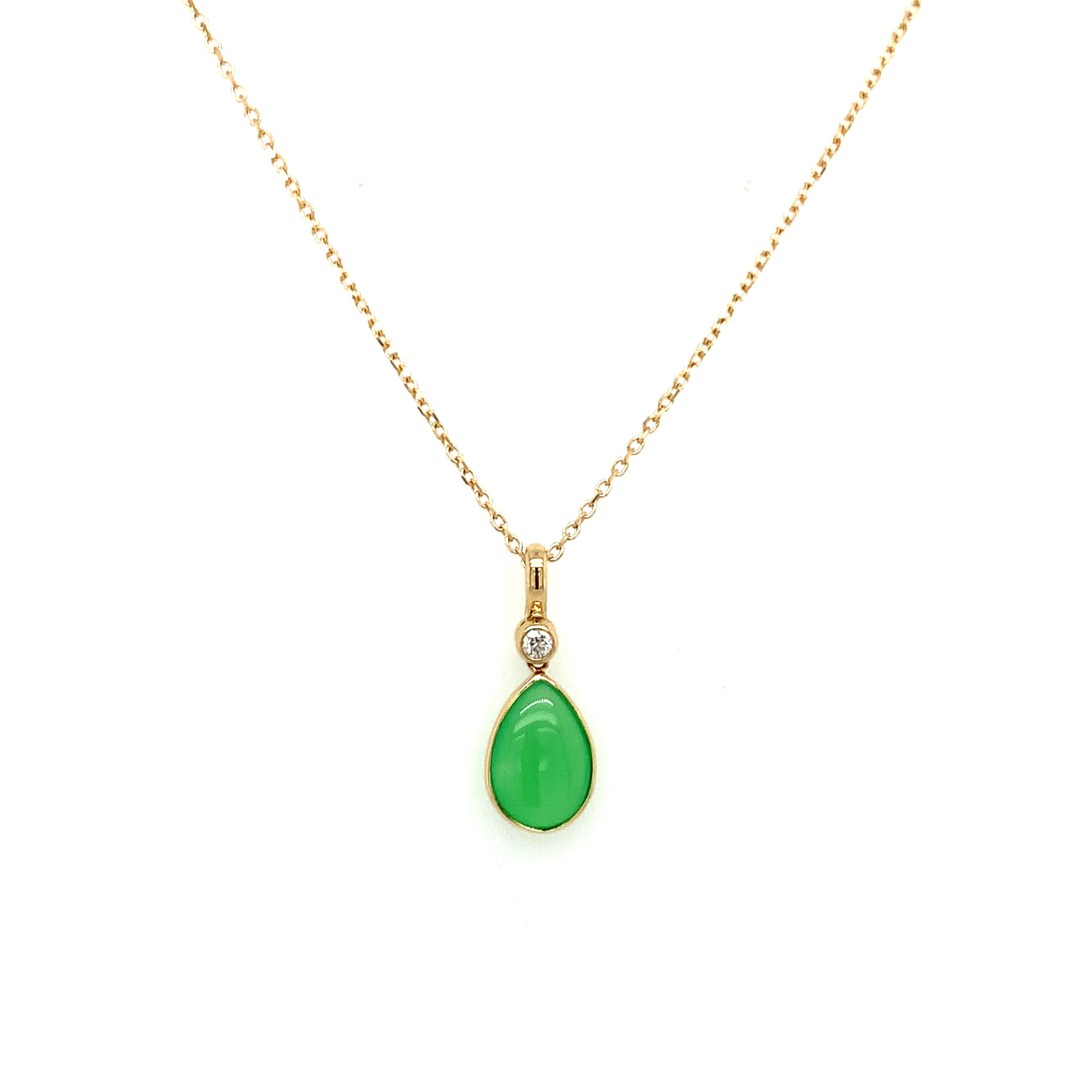 Yellow Gold Chrysoprase and Diamond Teardrop Necklace