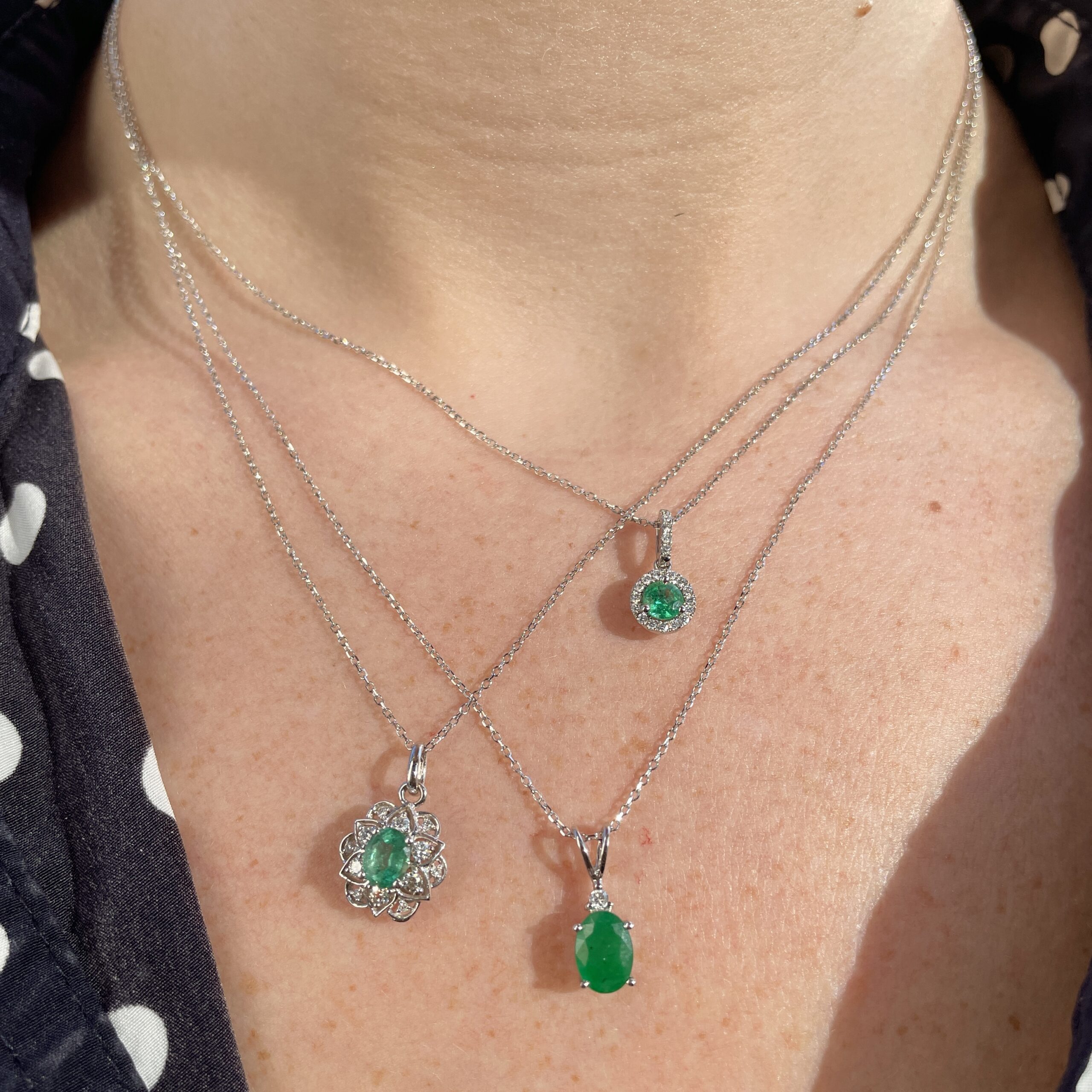 White Gold Emerald Halo Necklace