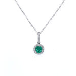 White Gold Emerald and Diamond Circle Pendant Necklace