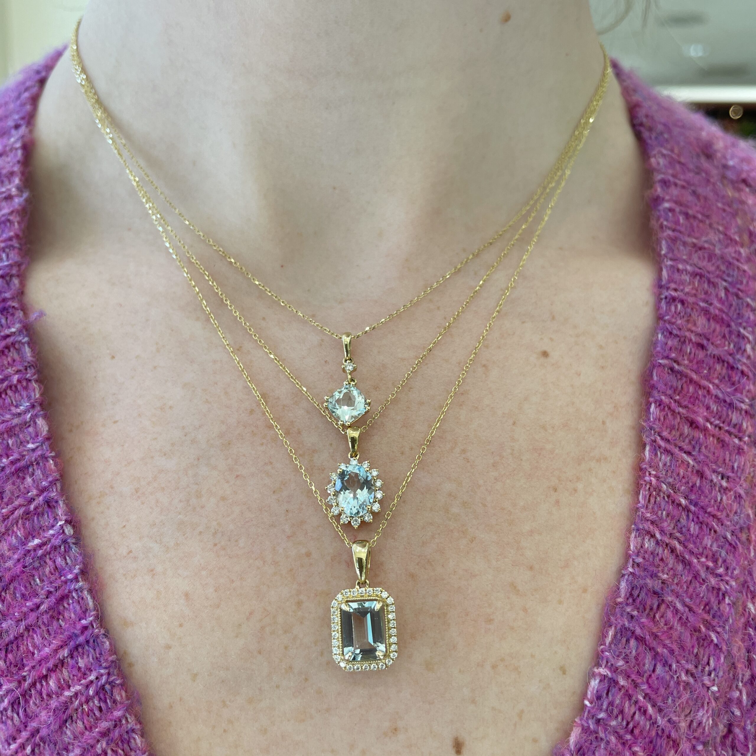 Yellow Gold Aquamarine and Diamond Burst Necklace