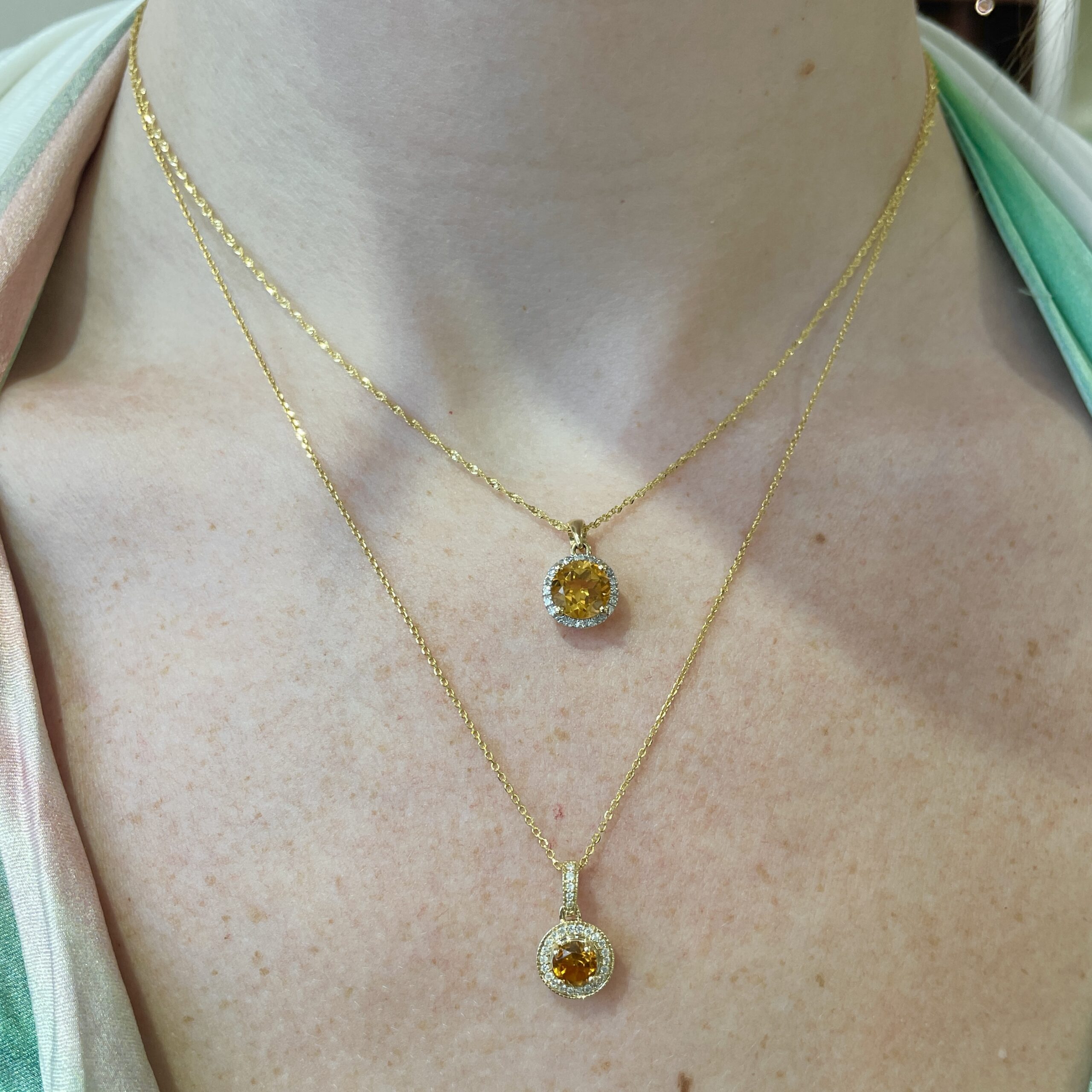 Yellow Gold Citrine and Diamond Round Necklace