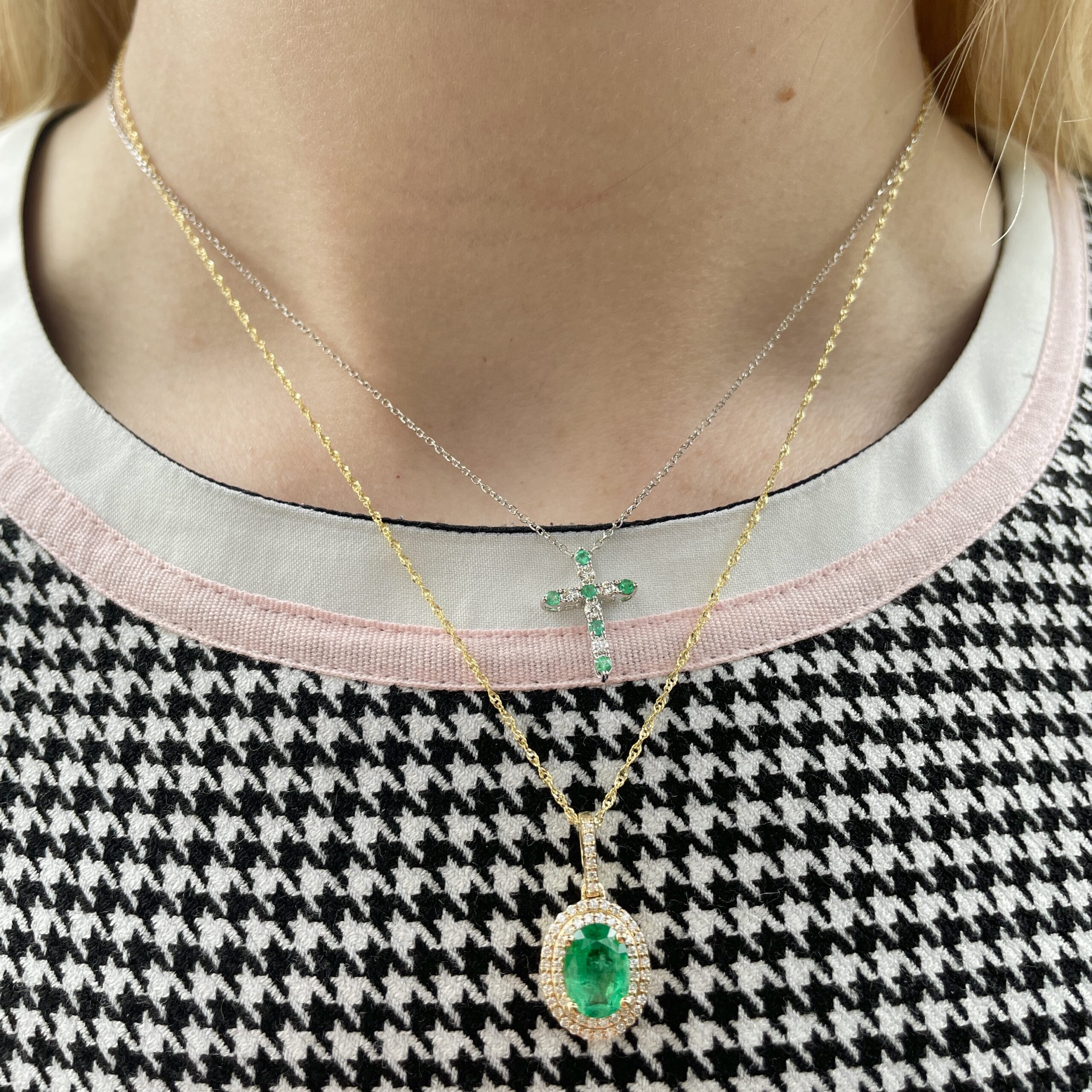 Yellow Gold Emerald and Diamond Oval Necklace
