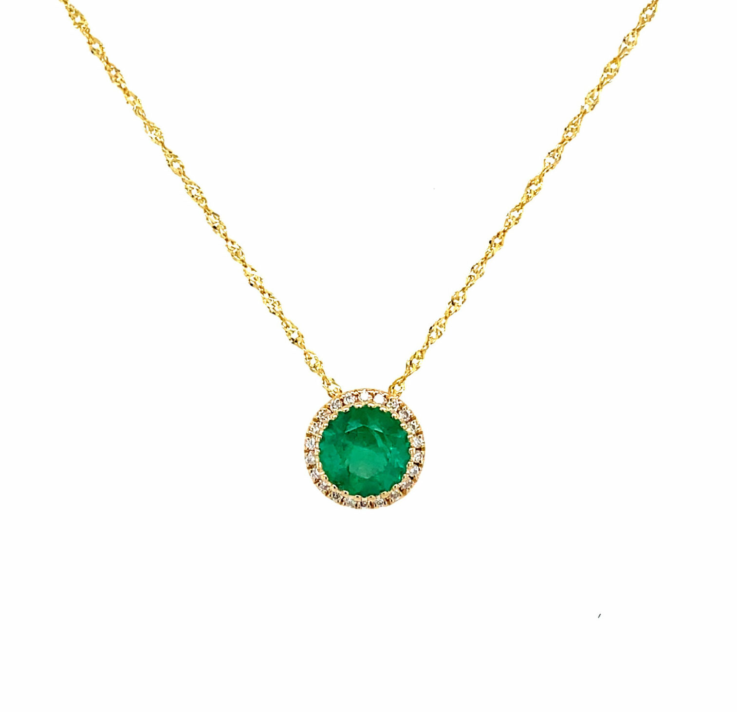 Yellow Gold Emerald and Diamond Bezel Set Necklace