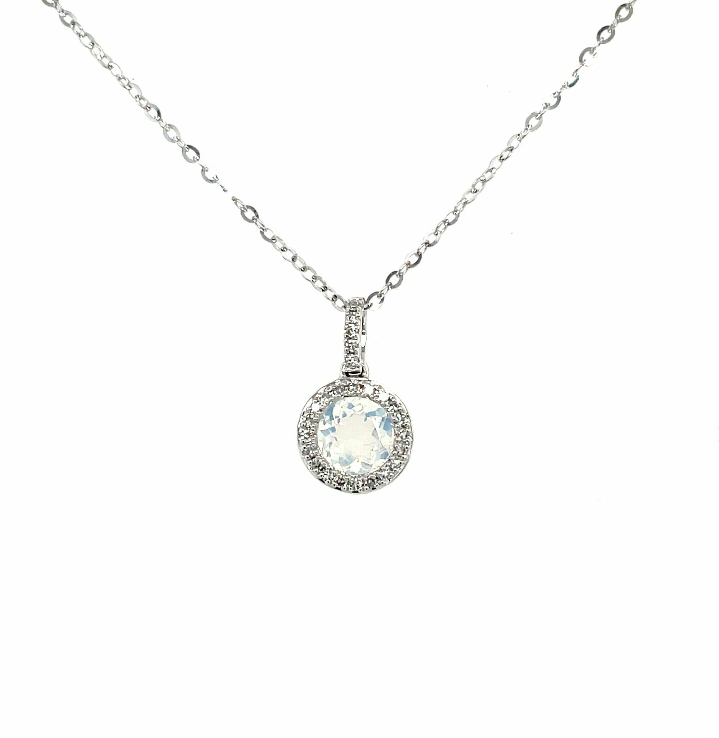 White Gold Quartz and Diamond Round Halo Necklace