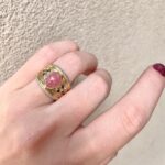 Yellow Gold Rhodochrosite, Sapphire, and Diamond Ring