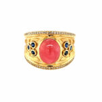 Yellow Gold Rhodochrosite, Sapphire, and Diamond Ring