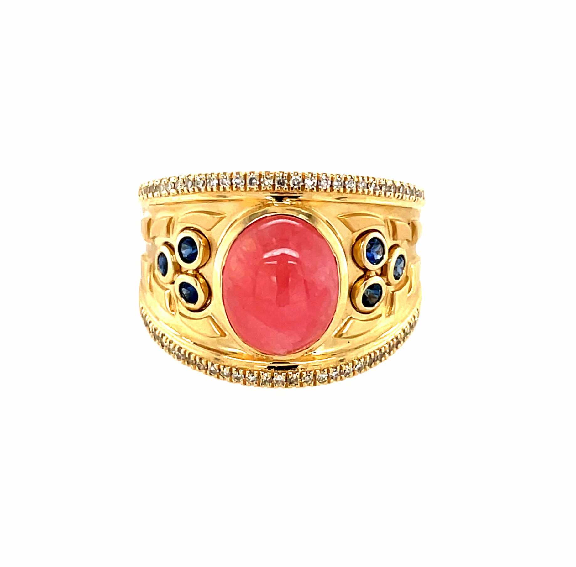 Yellow Gold Rhodochrosite, Sapphire, and Diamond Ring