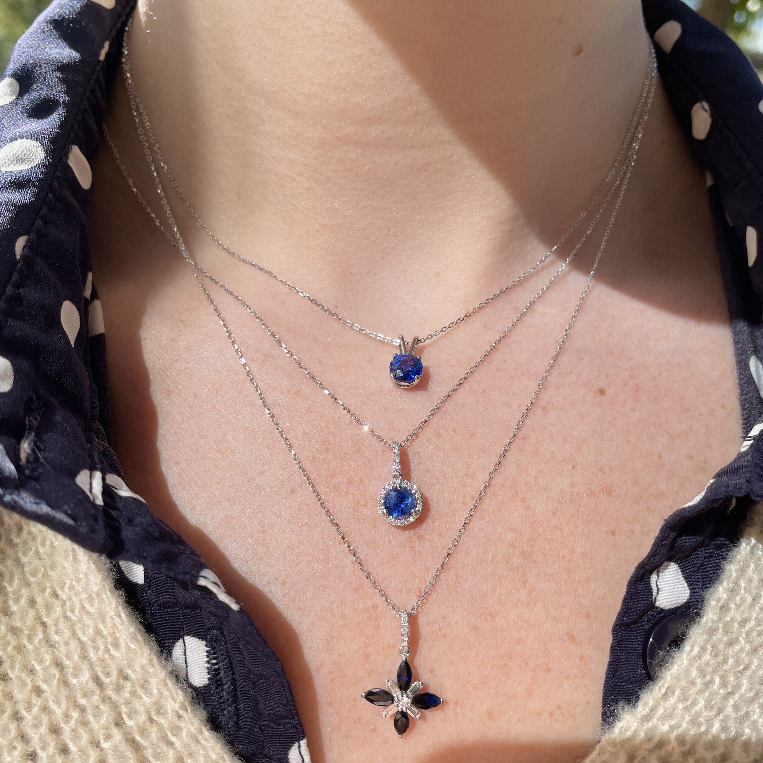 Sapphire and Diamond Round Pendant Necklace