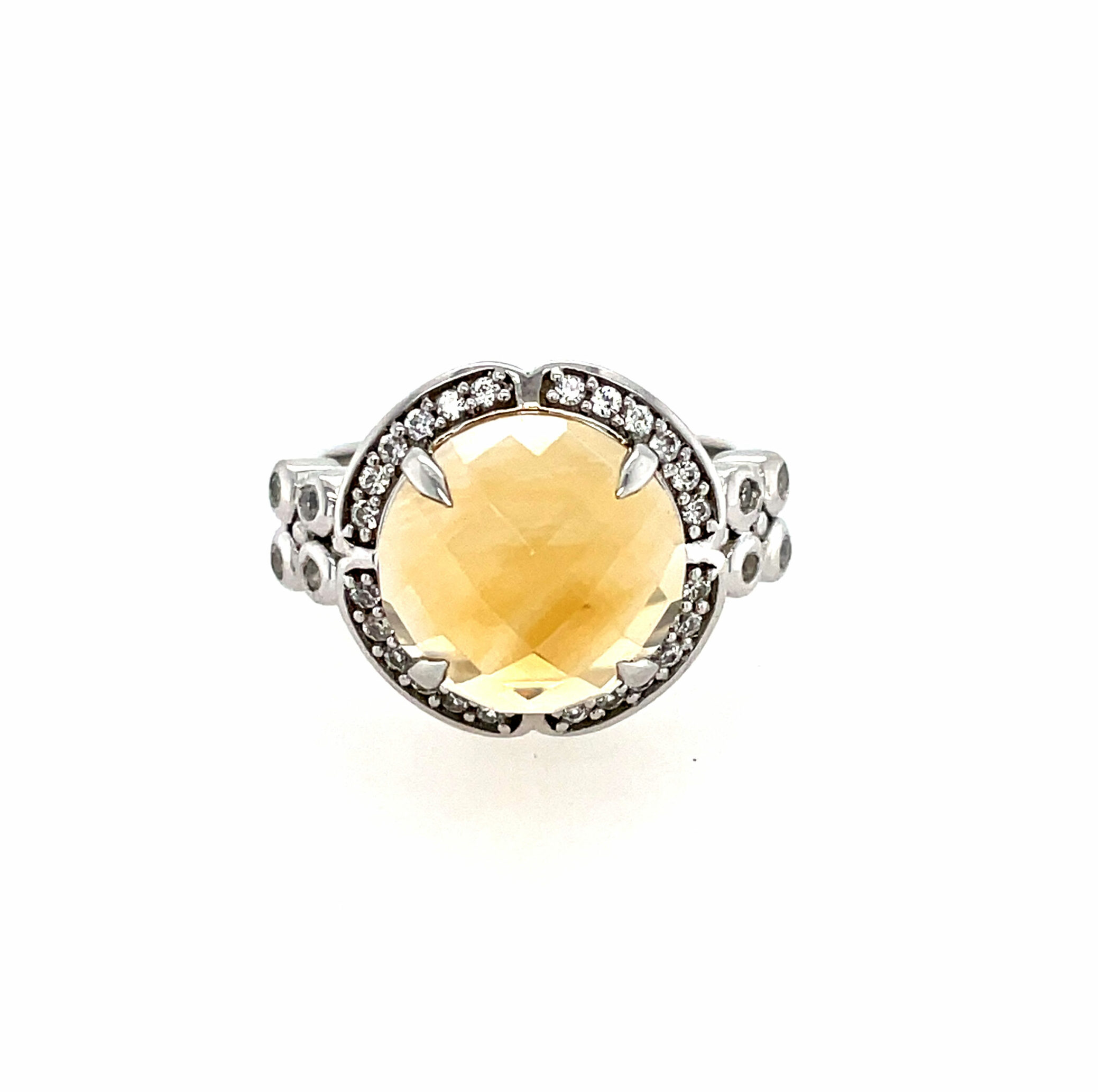 Sterling Silver Citrine and White Zircon Checkerboard Ring