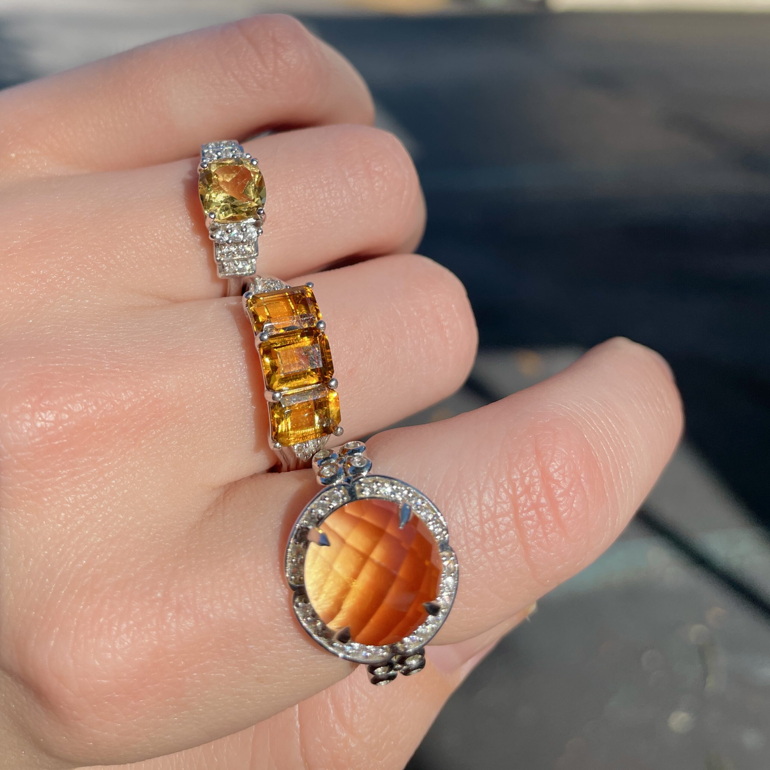 Sterling Silver Citrine and White Zircon Checkerboard Ring