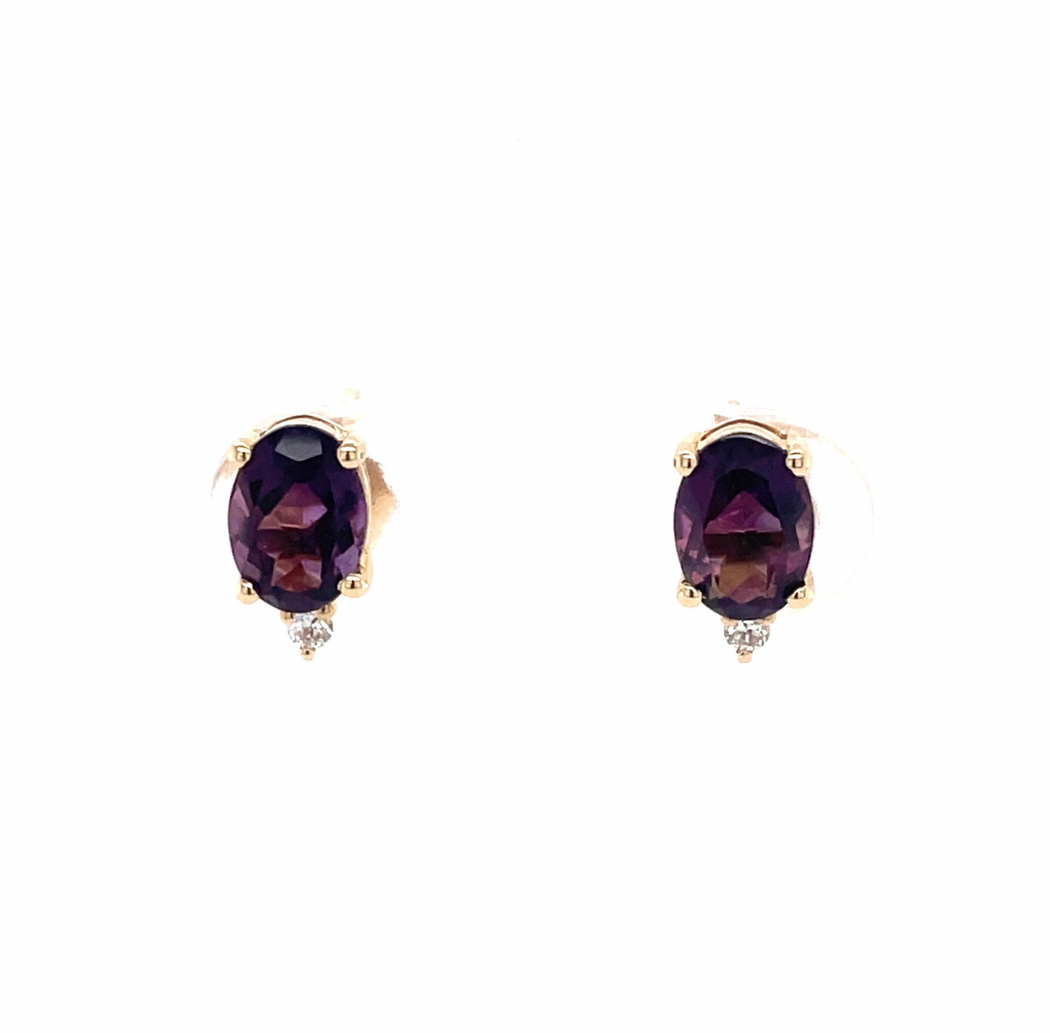 Yellow Gold Oval Amethyst and Diamond Stud Earrings