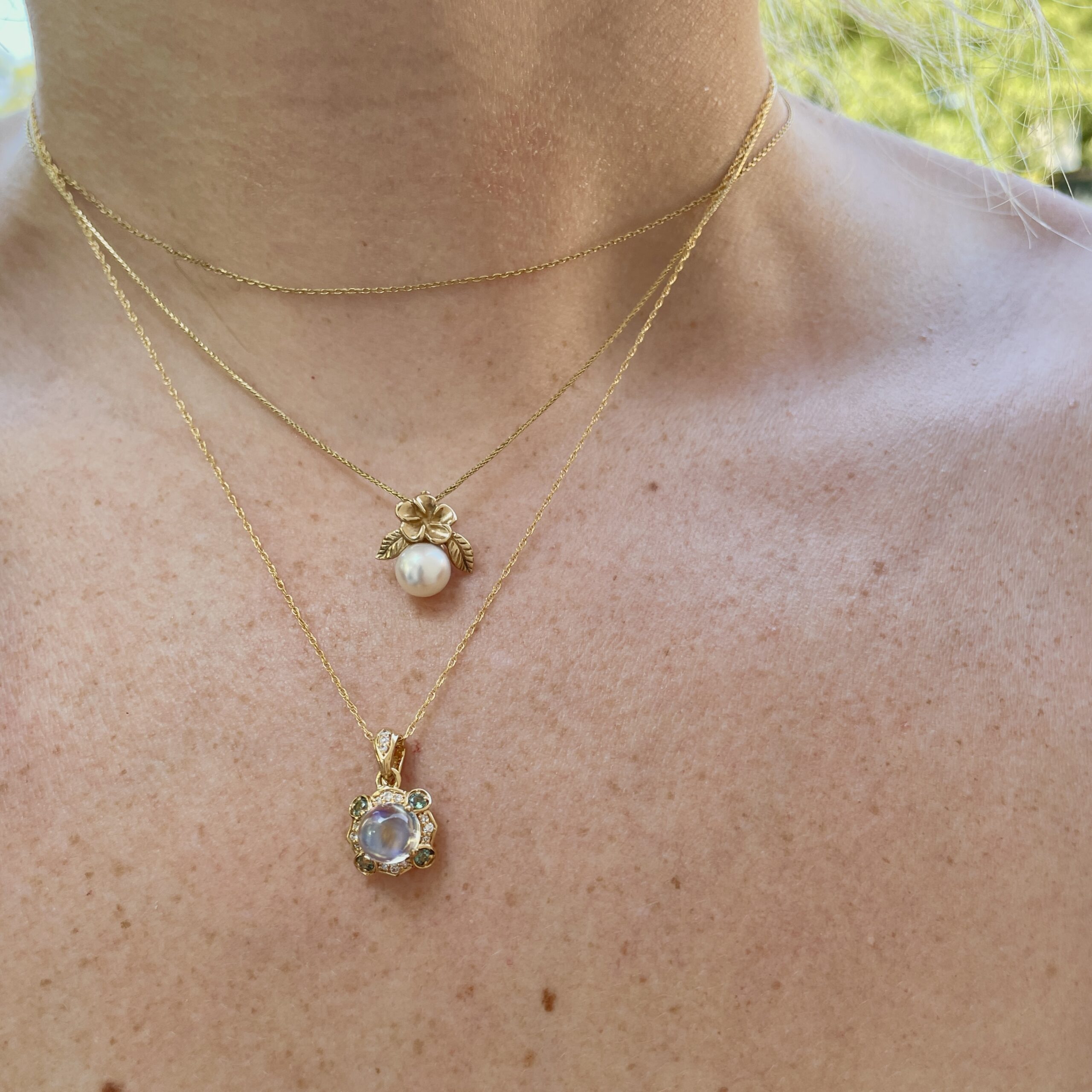 Yellow Gold Moonstone, Diamond and Alexandrite Necklace