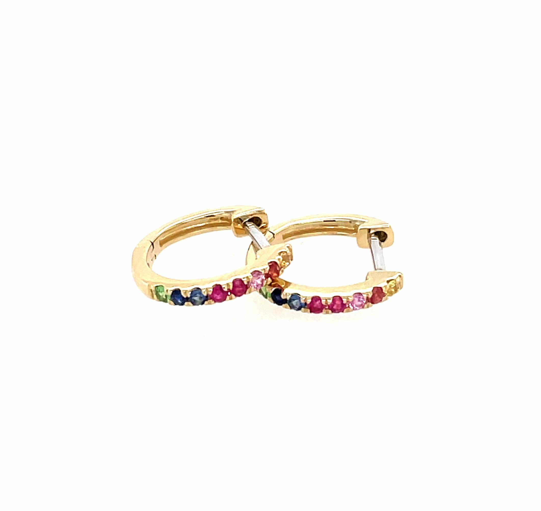 Yellow Gold Rainbow Sapphire Huggie Earrings