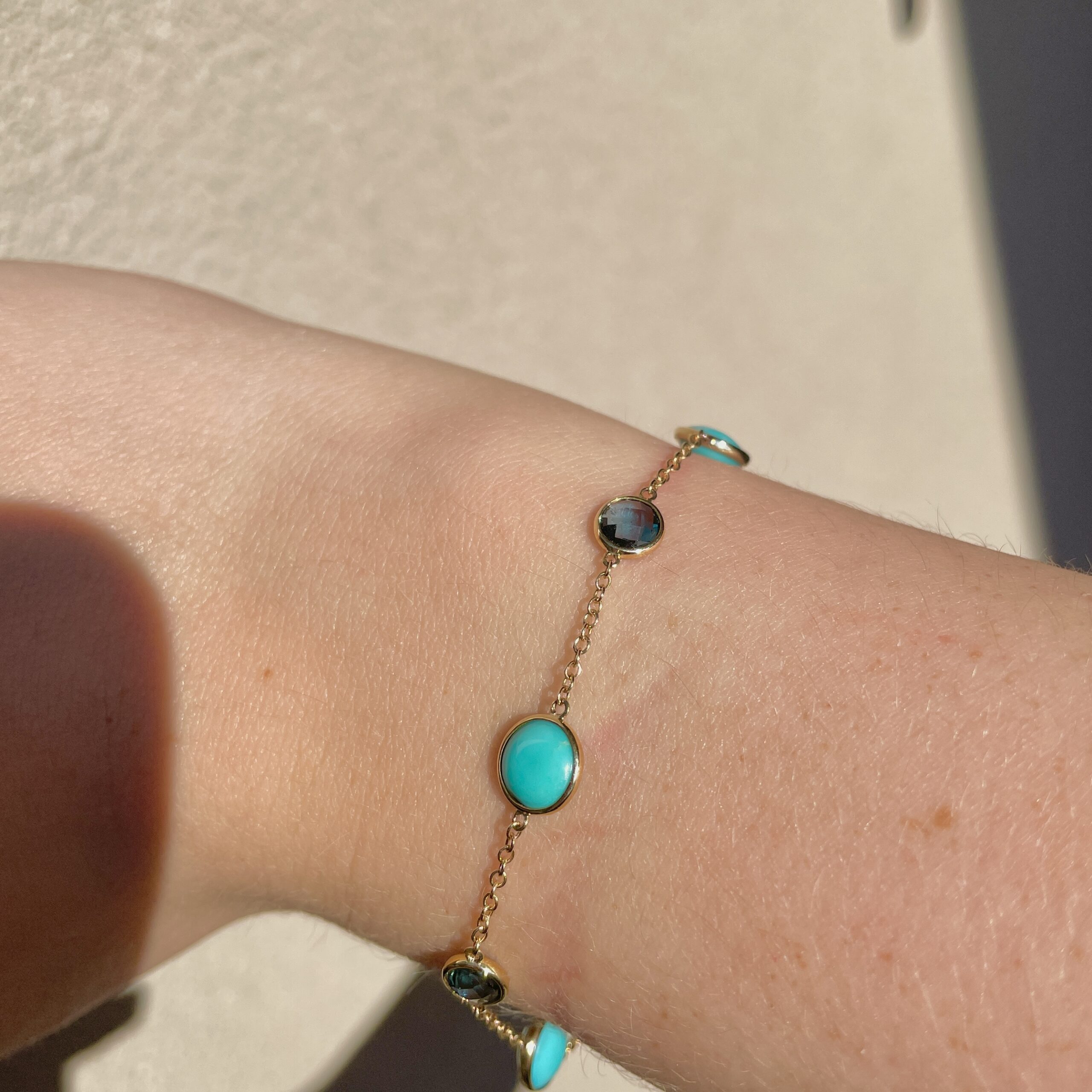 Yellow Gold Blue Topaz and Turquoise Bracelet