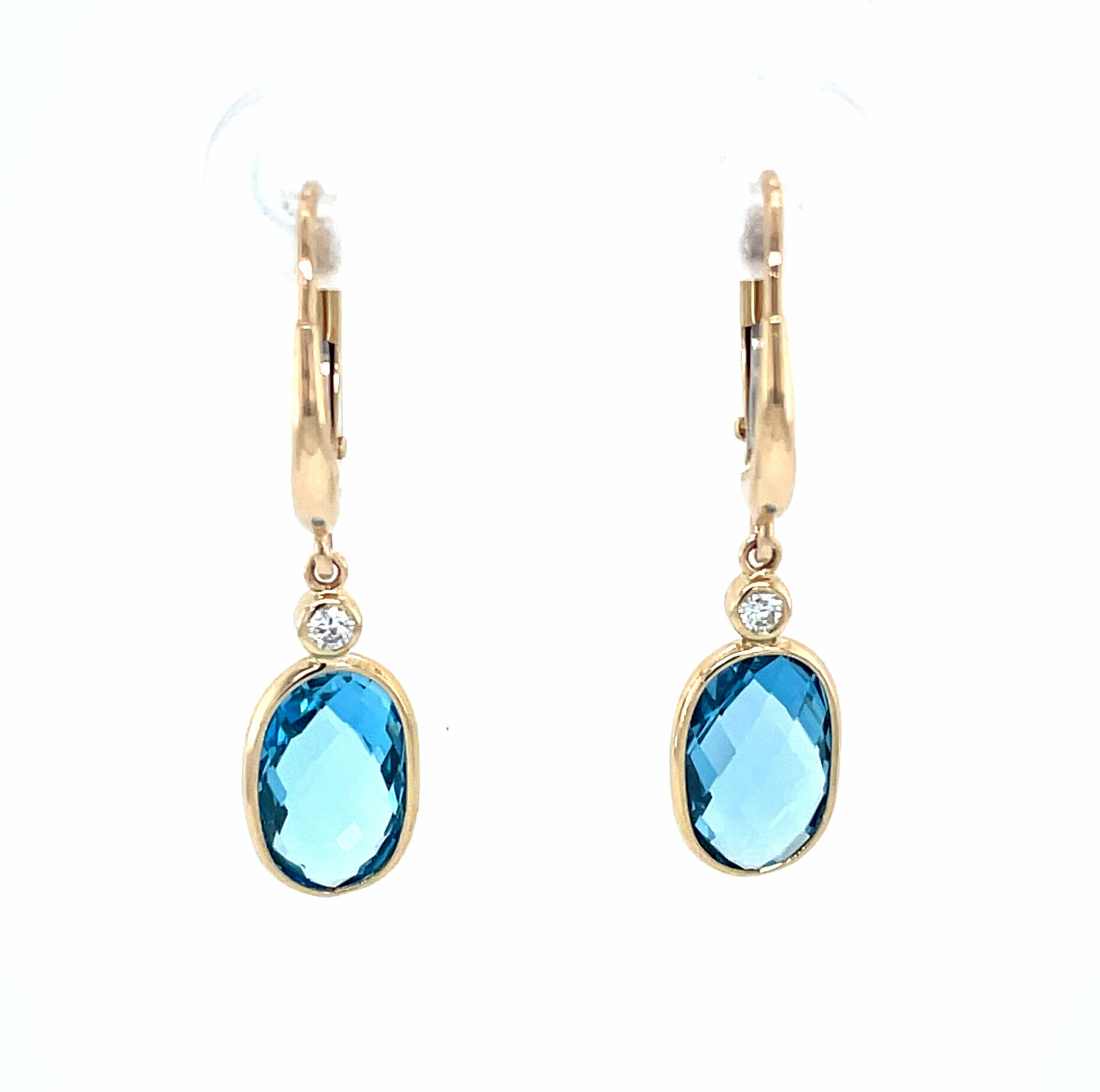 Yellow Gold Blue Topaz Oval Dangle Earrings