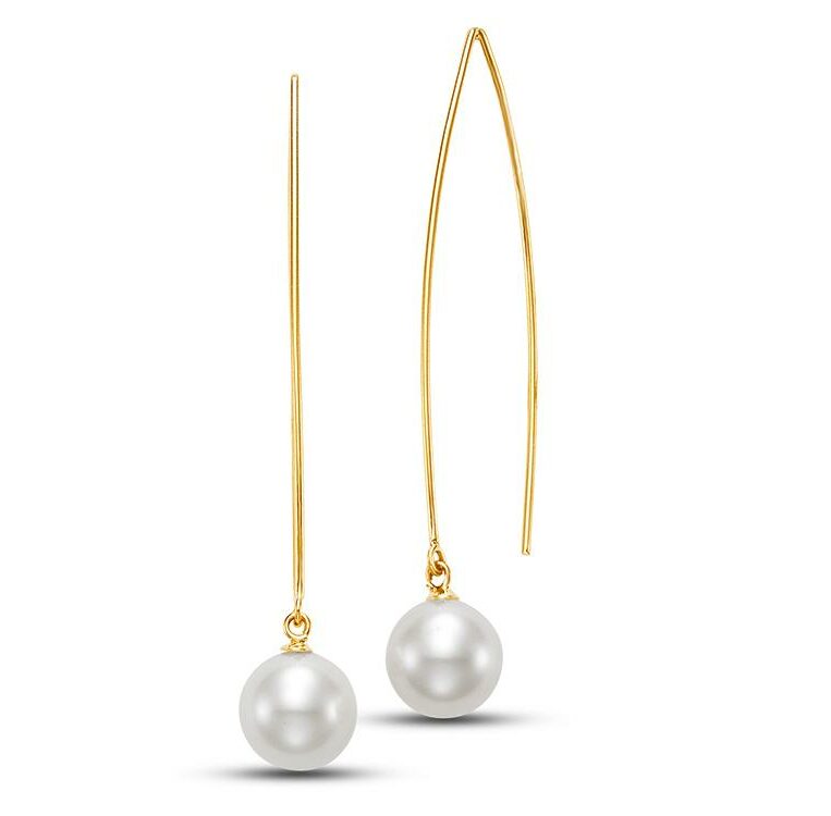 Yellow Gold Floating Freshwater Pearl Wire Earrings