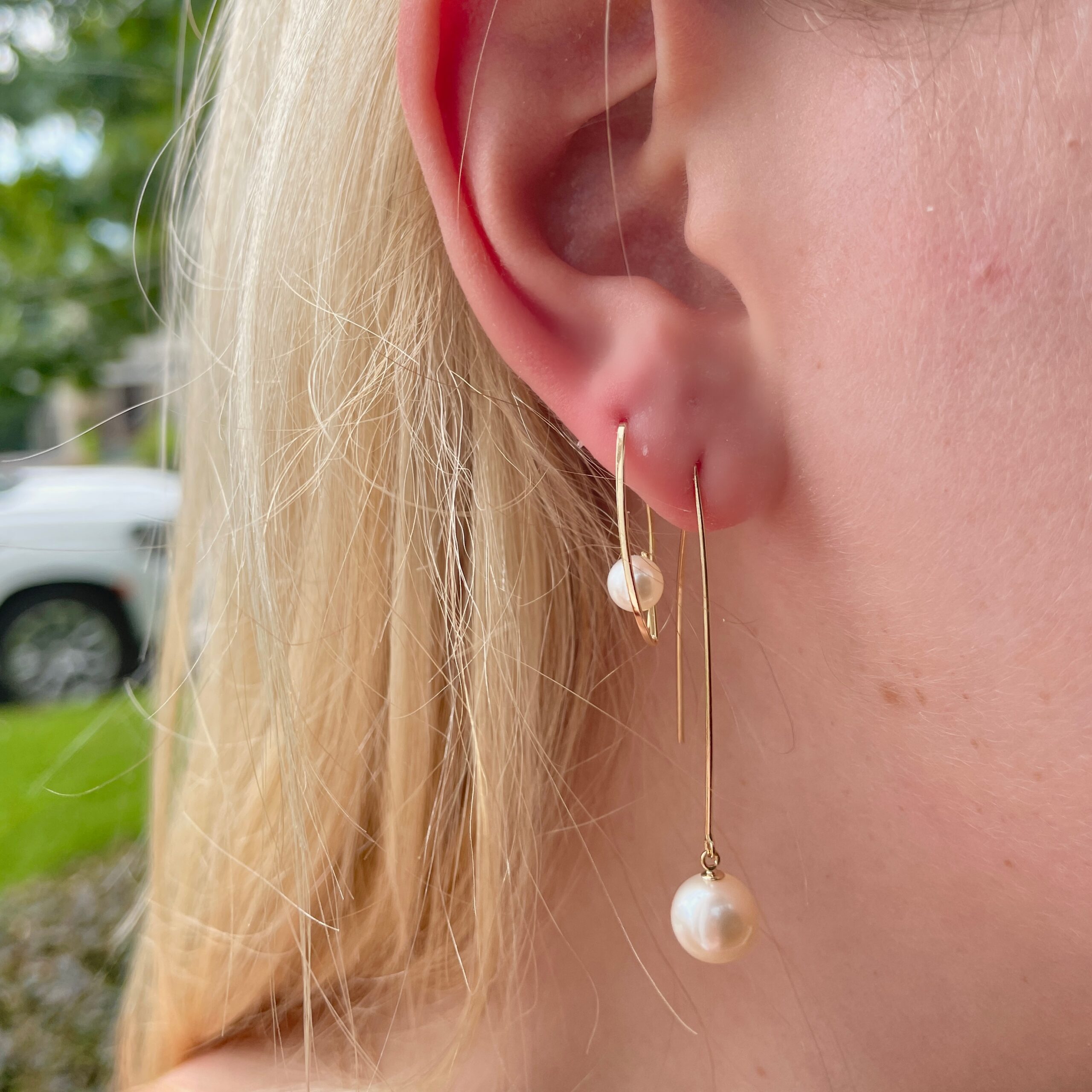 Yellow Gold Floating Freshwater Pearl Wire Earrings