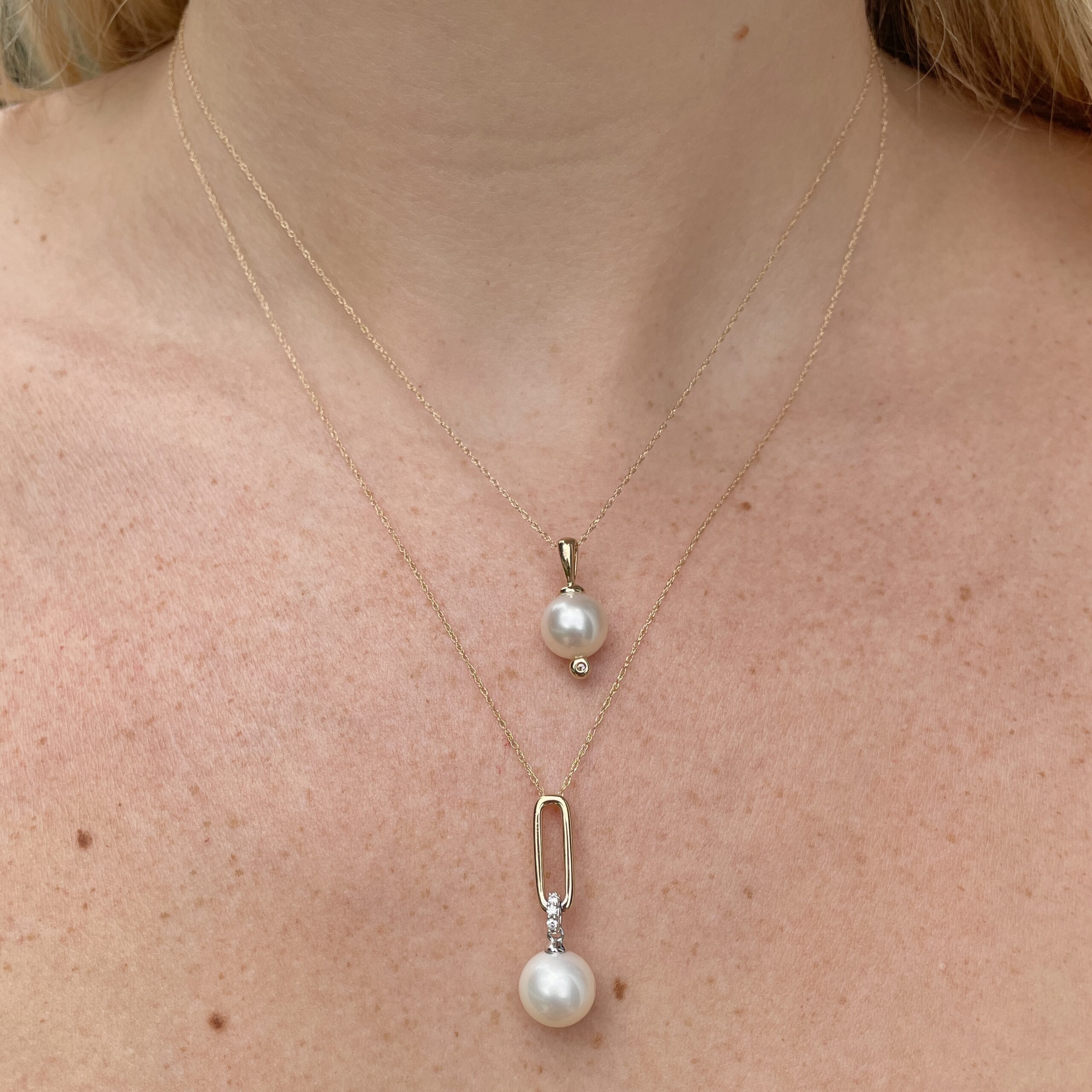 Two Toned Freshwater Pearl and Diamond Paperclip Drop Necklace