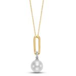 Two Toned Freshwater Pearl and Diamond Paperclip Drop Necklace
