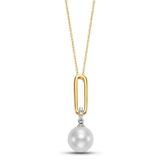 Two Toned Freshwater Pearl and Diamond Paperclip Drop Necklace