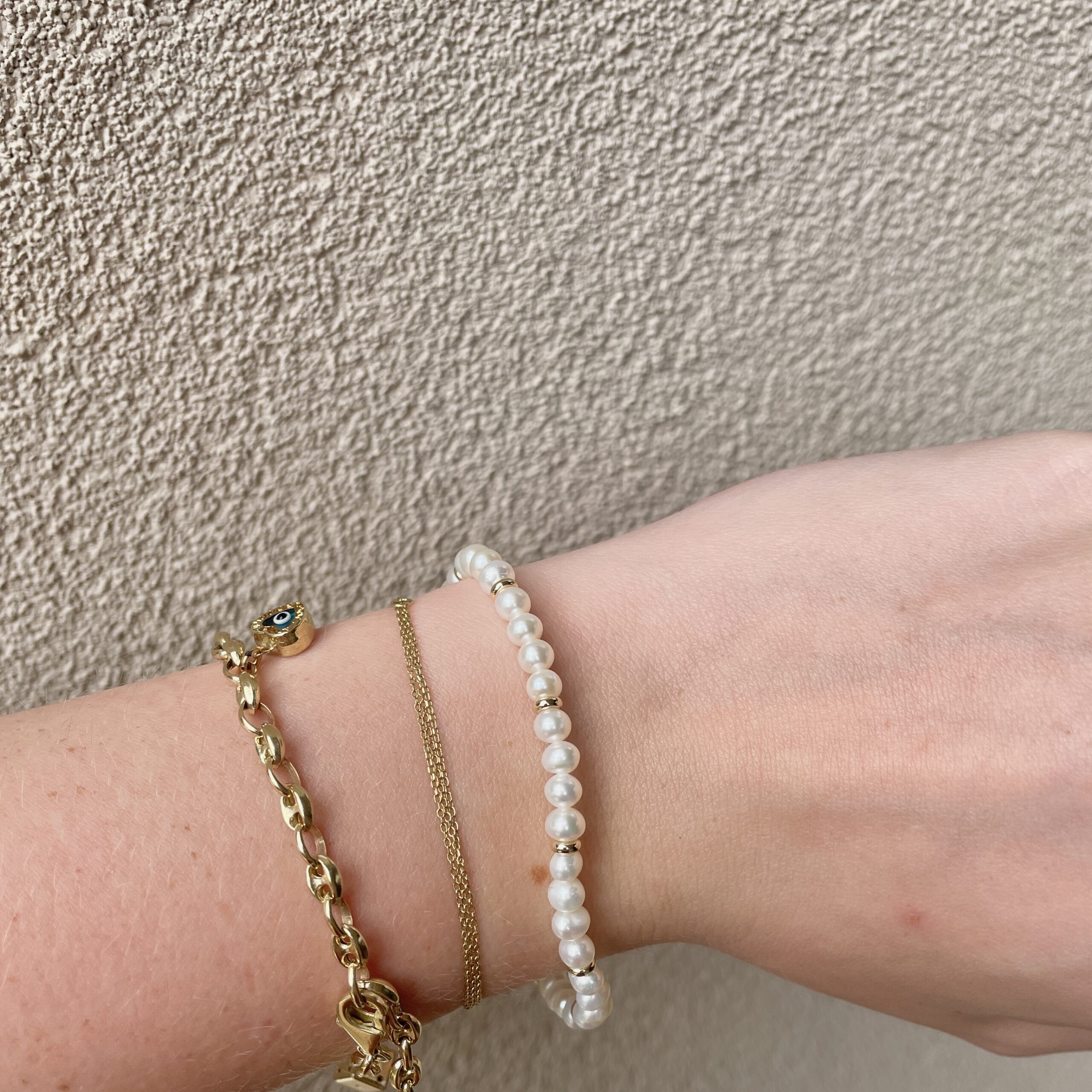 Yellow Gold Bead and Freshwater Pearl Row Bracelet