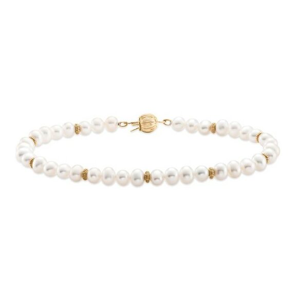 Yellow Gold Bead and Freshwater Pearl Row Bracelet