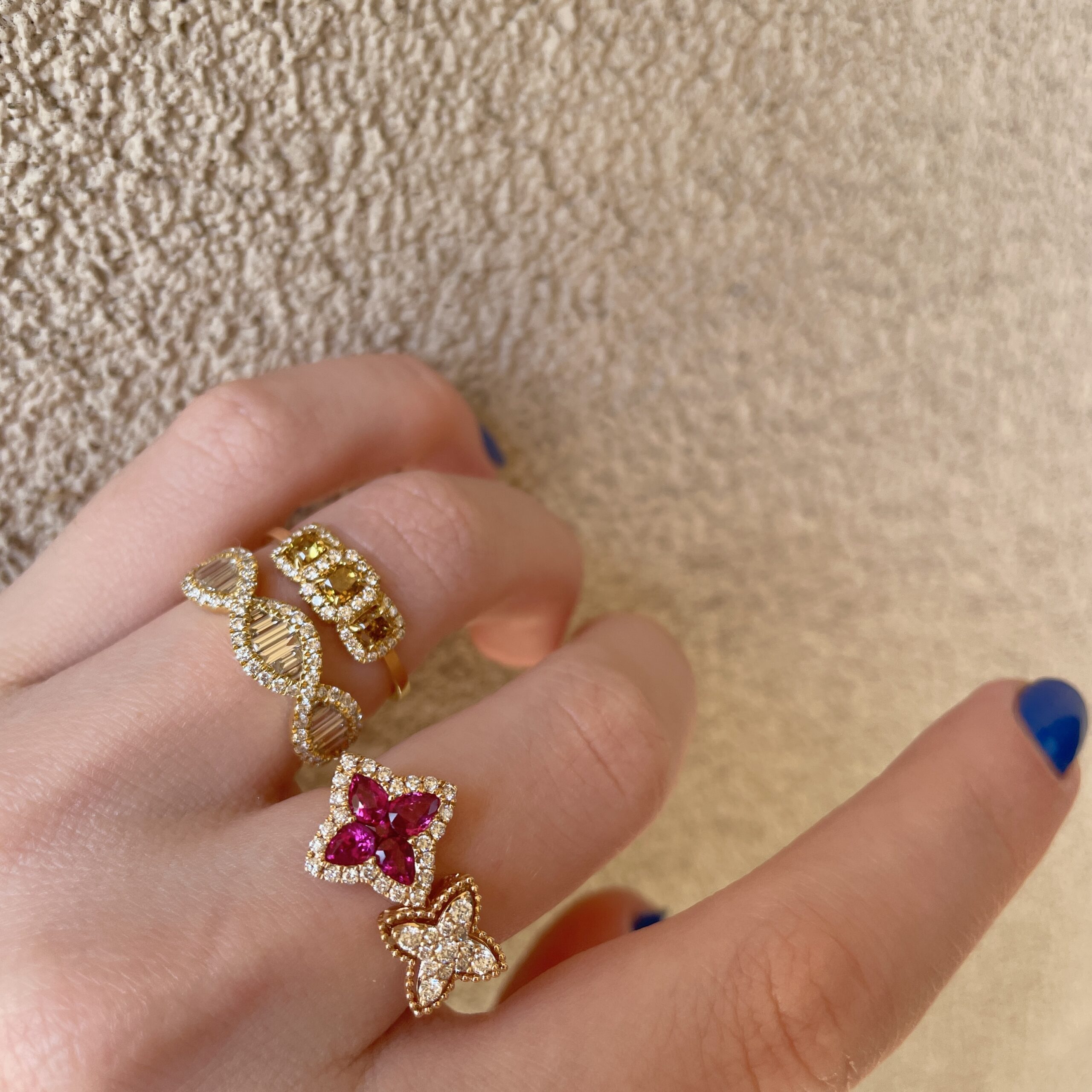 Yellow Gold Intertwining Round and Baguette Diamond Ring