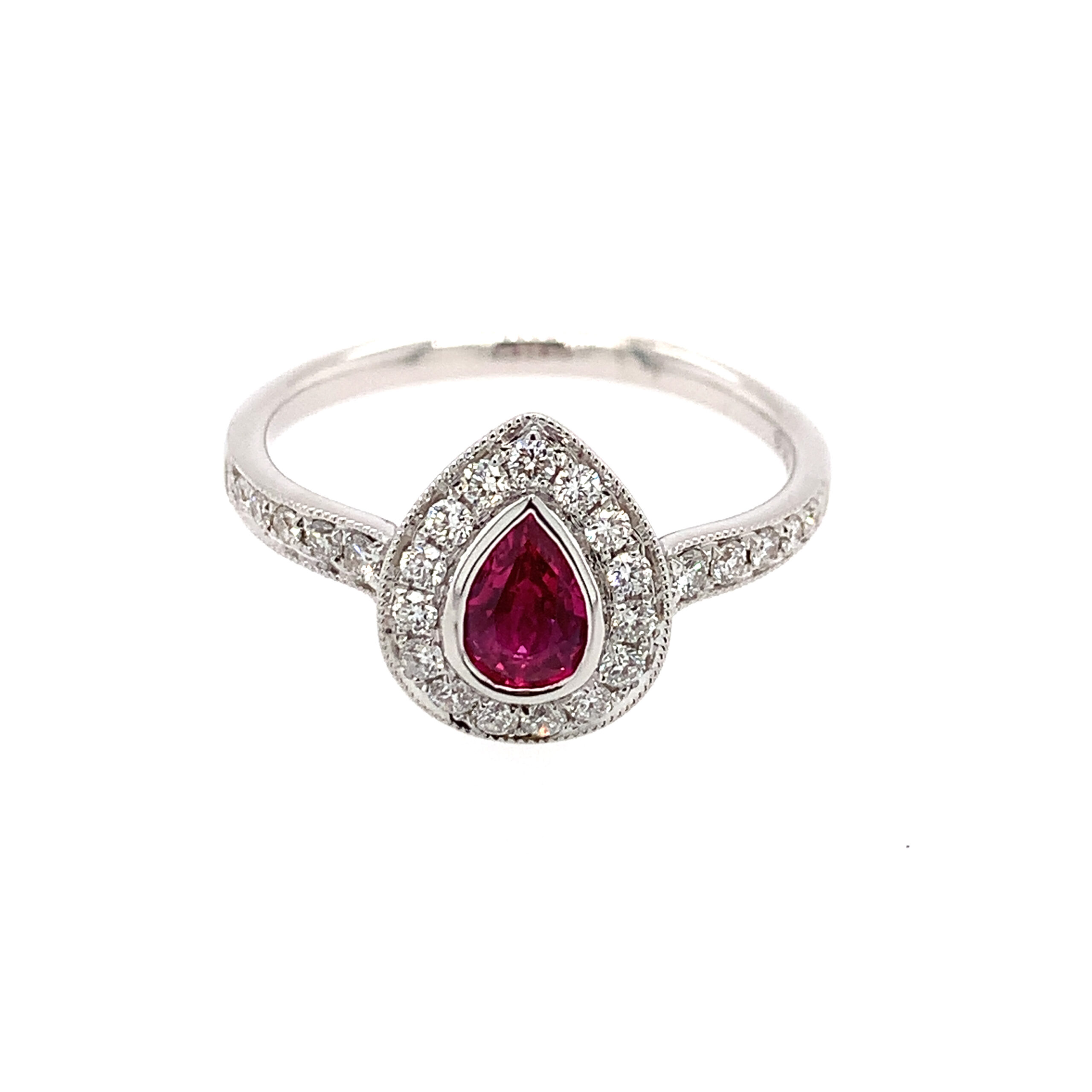 White Gold Diamond and Ruby Pear Ring