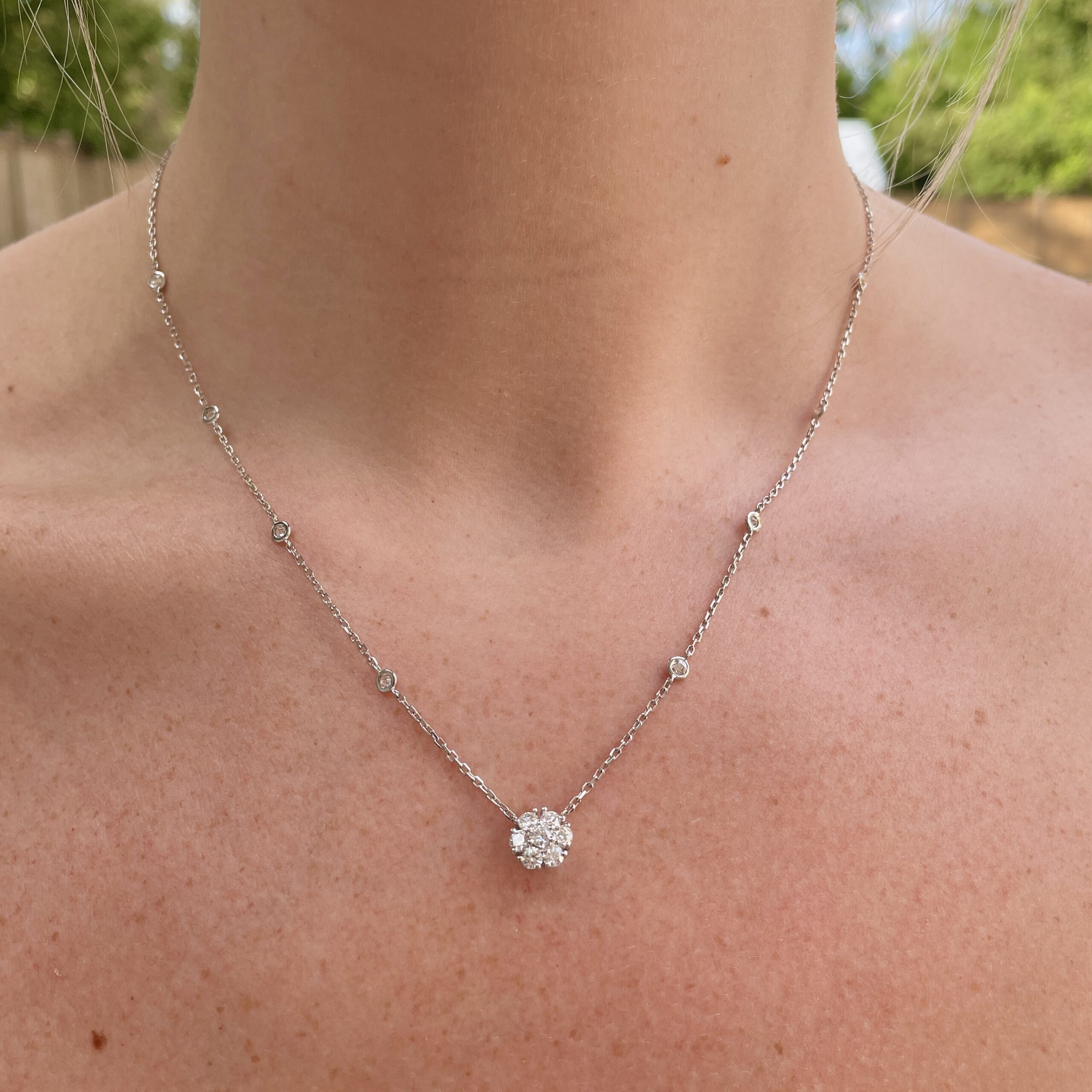 White Gold Diamond Cluster and Station Necklace