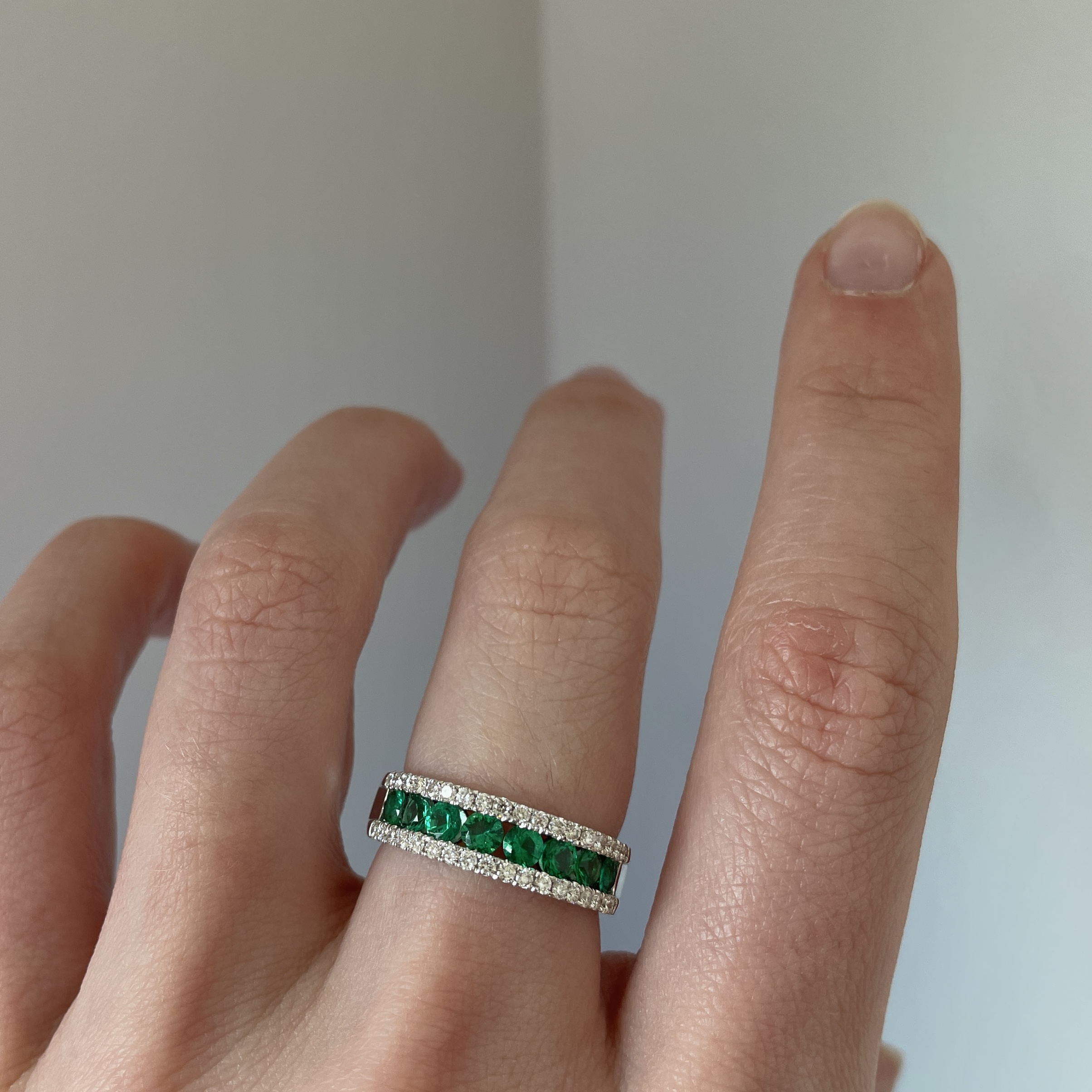 White Gold Emerald and Diamond Stacked Ring