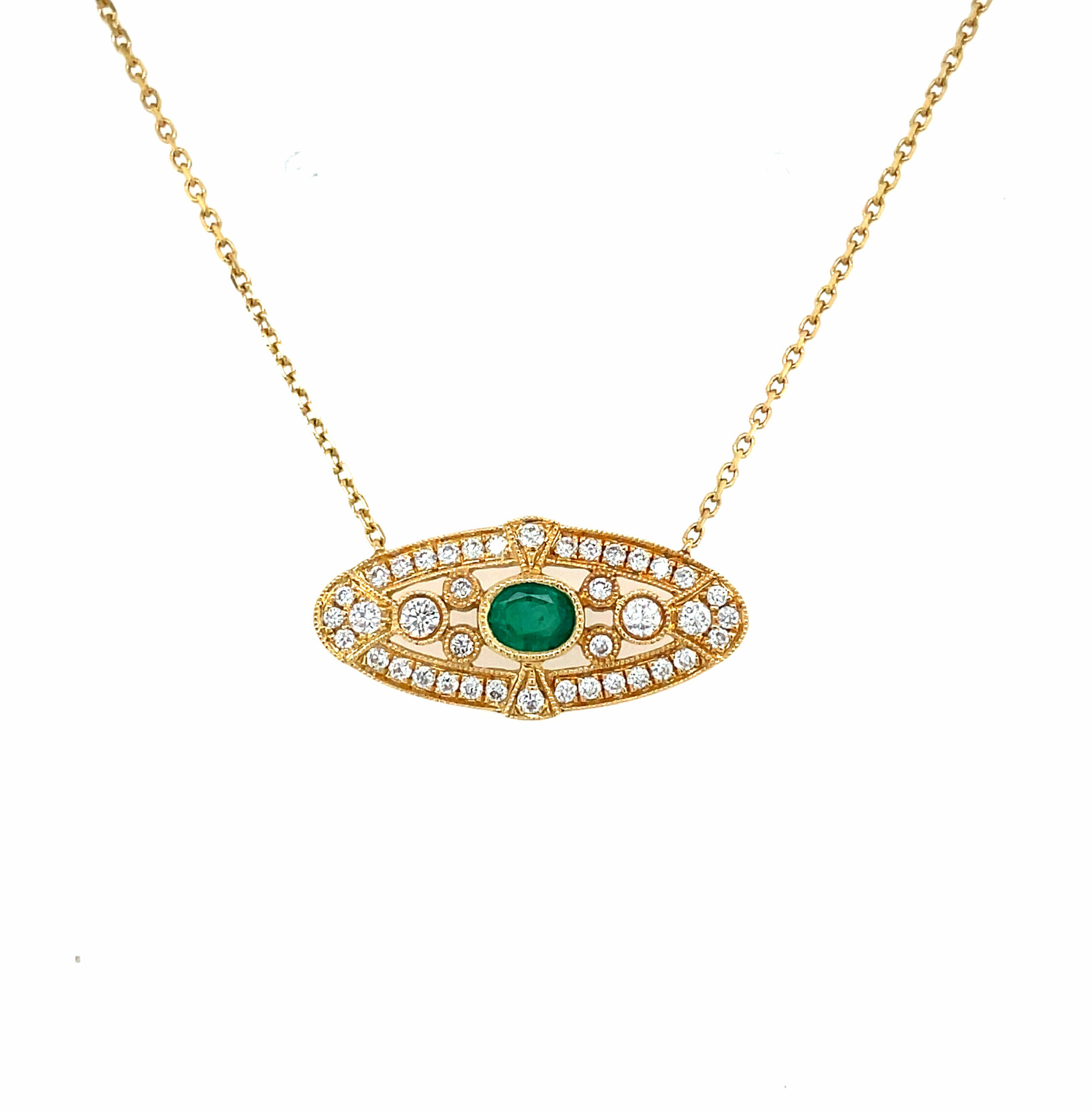 Yellow Gold Vintage Inspired Emerald and Diamond Necklace
