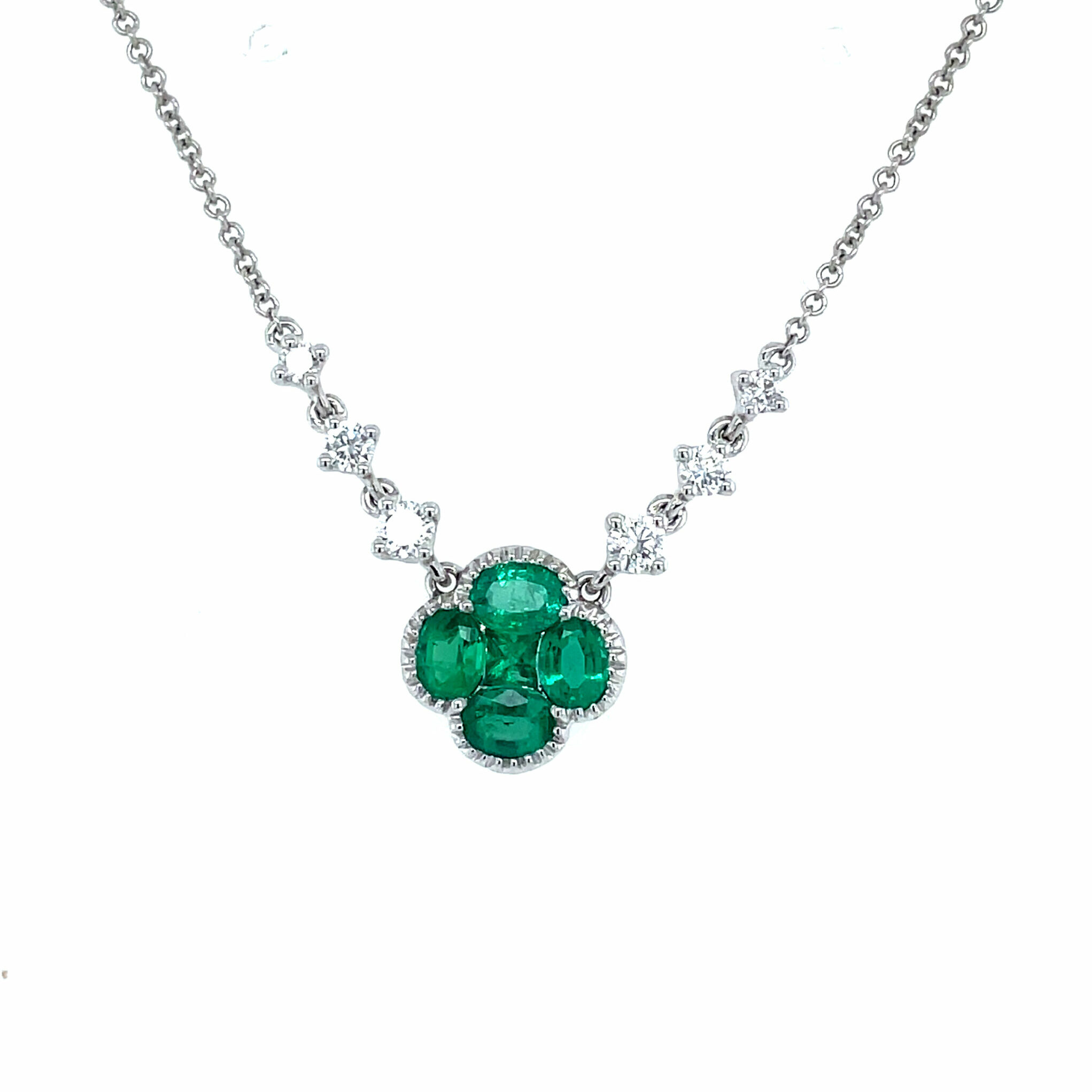 White Gold Quatrefoil Emerald and Diamond Necklace