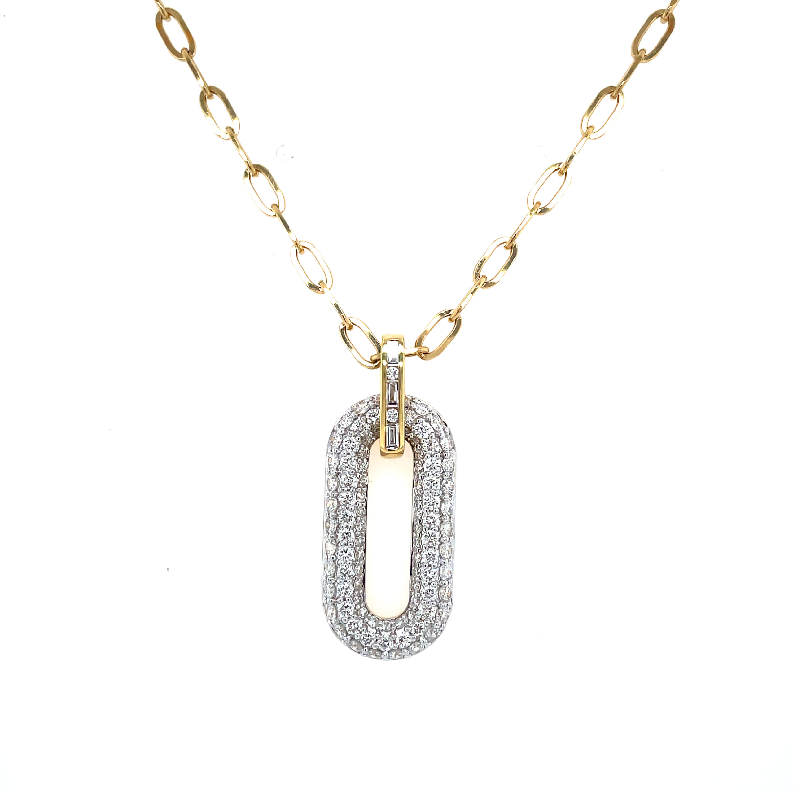 Yellow Gold Pave Paperclip Chain and Diamond Pendant Necklace