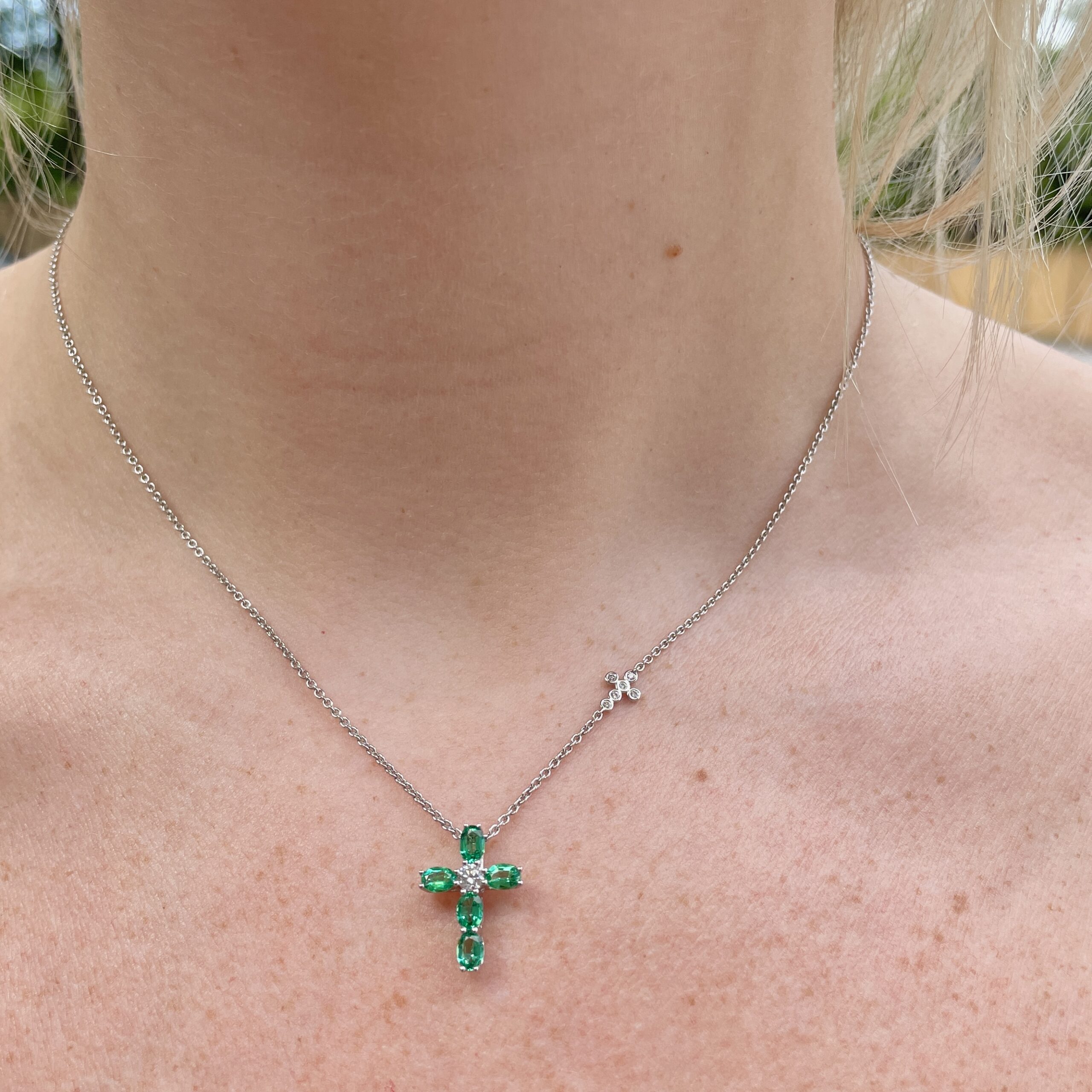 White Gold Emerald and Diamond Cross Necklace