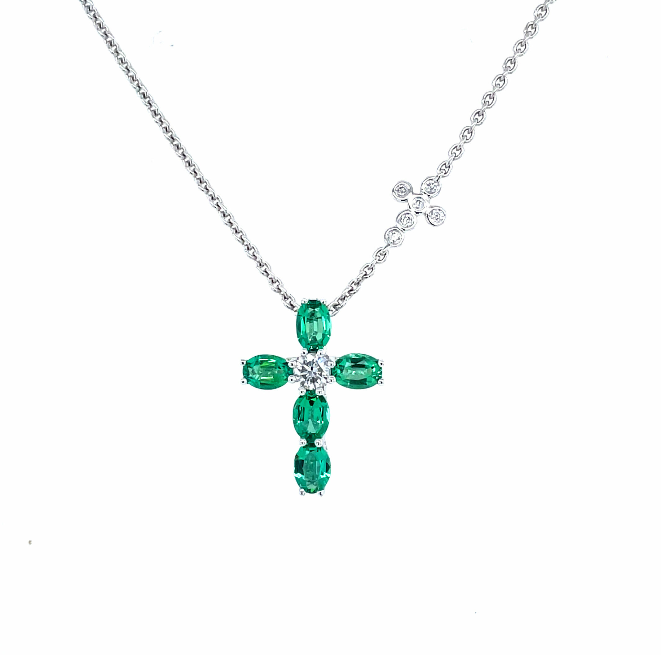 White Gold Emerald and Diamond Cross Necklace