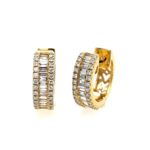 Yellow Gold Round and Baguette Diamond Huggie Hoop Earrings
