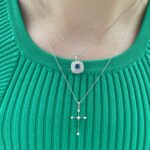 White Gold Sapphire and Diamond Double Halo Pendant Necklace