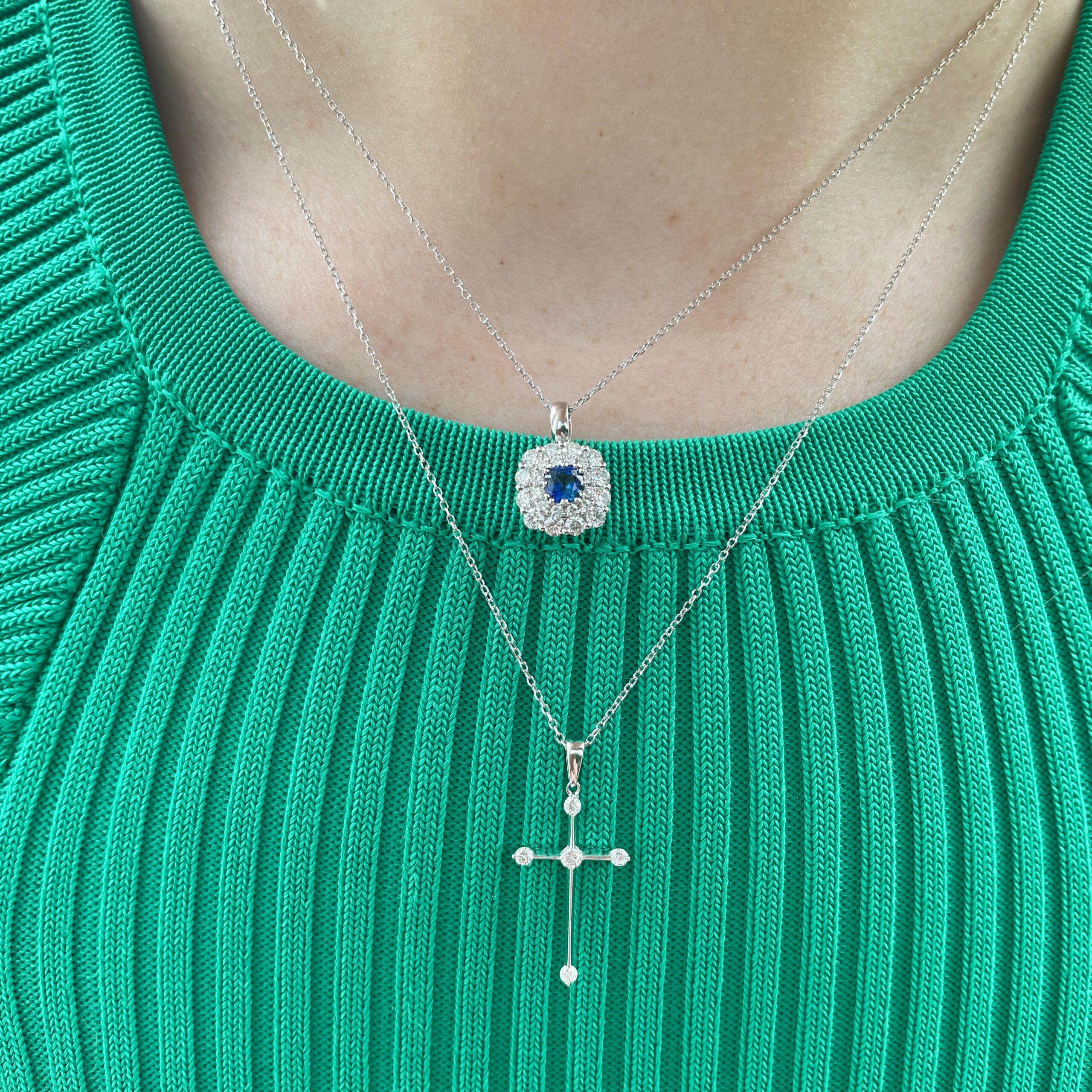 White Gold Sapphire and Diamond Double Halo Pendant Necklace