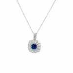 White Gold Sapphire and Diamond Double Halo Pendant Necklace