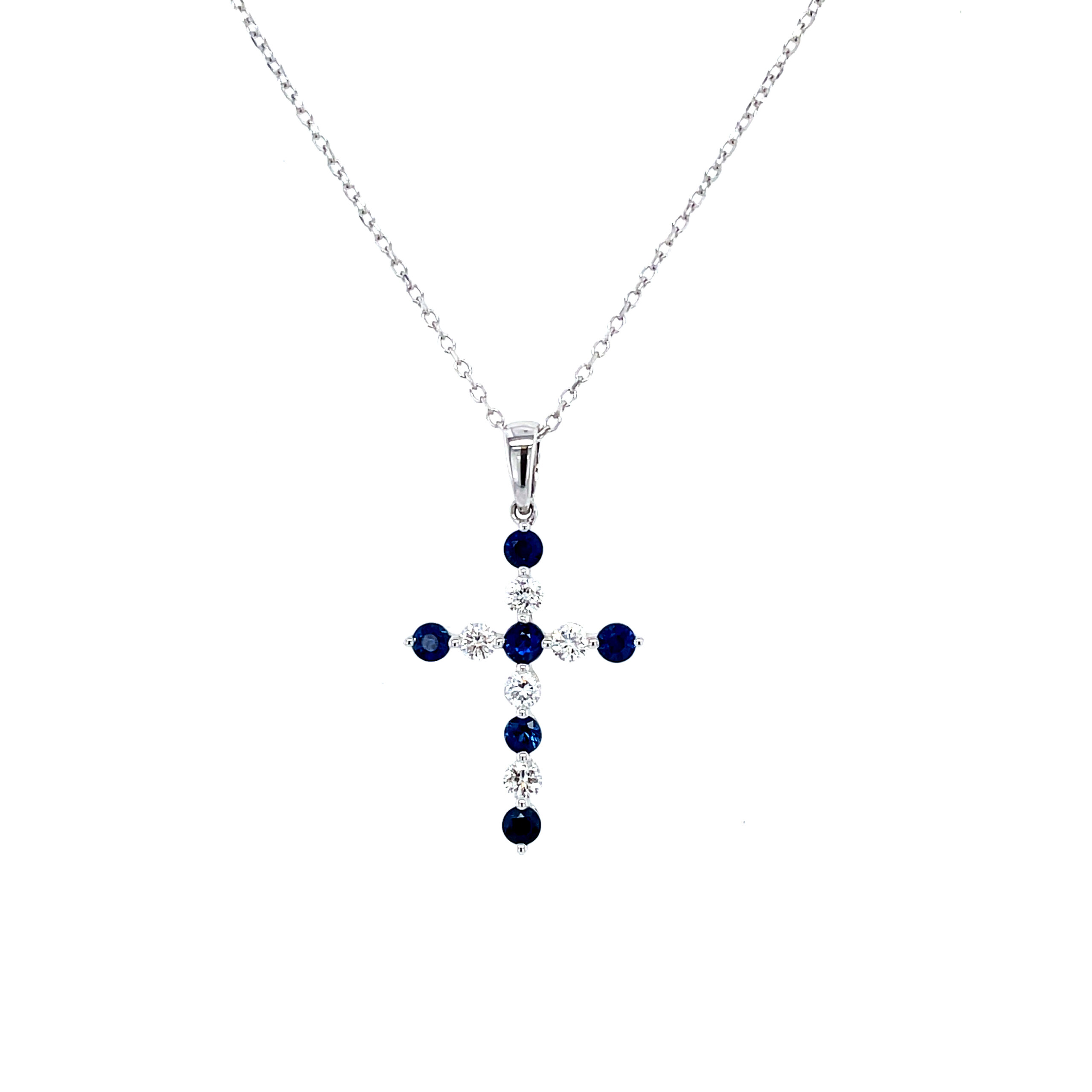 White Gold Sapphire and Diamond Cross Necklace