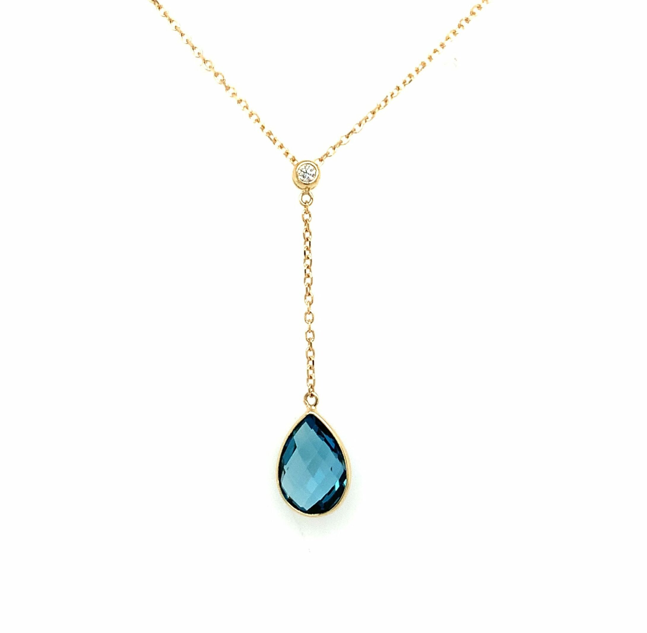 Yellow Gold Blue Topaz and Diamond Drop Necklace
