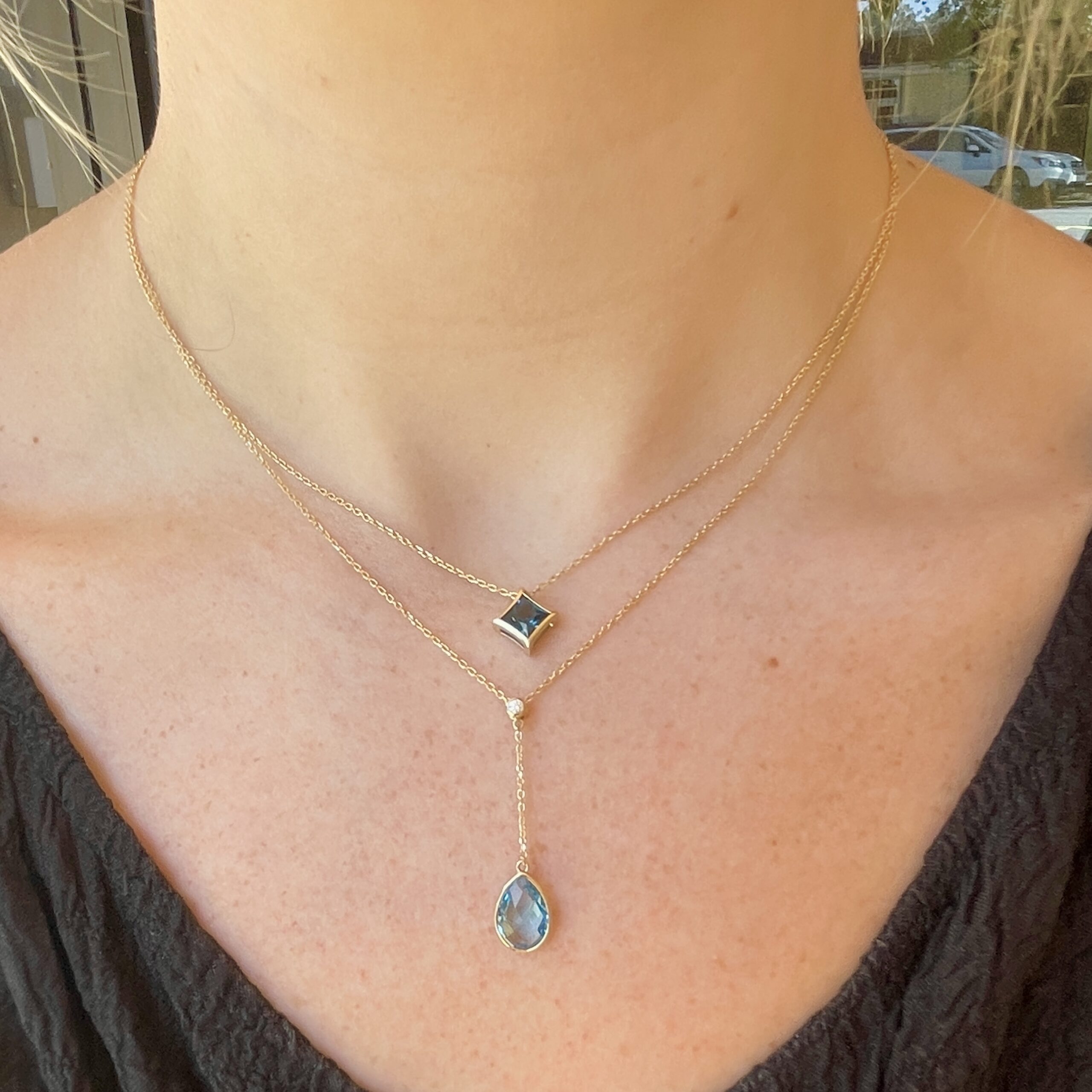 Yellow Gold Blue Topaz Briolette and Diamond Drop Necklace