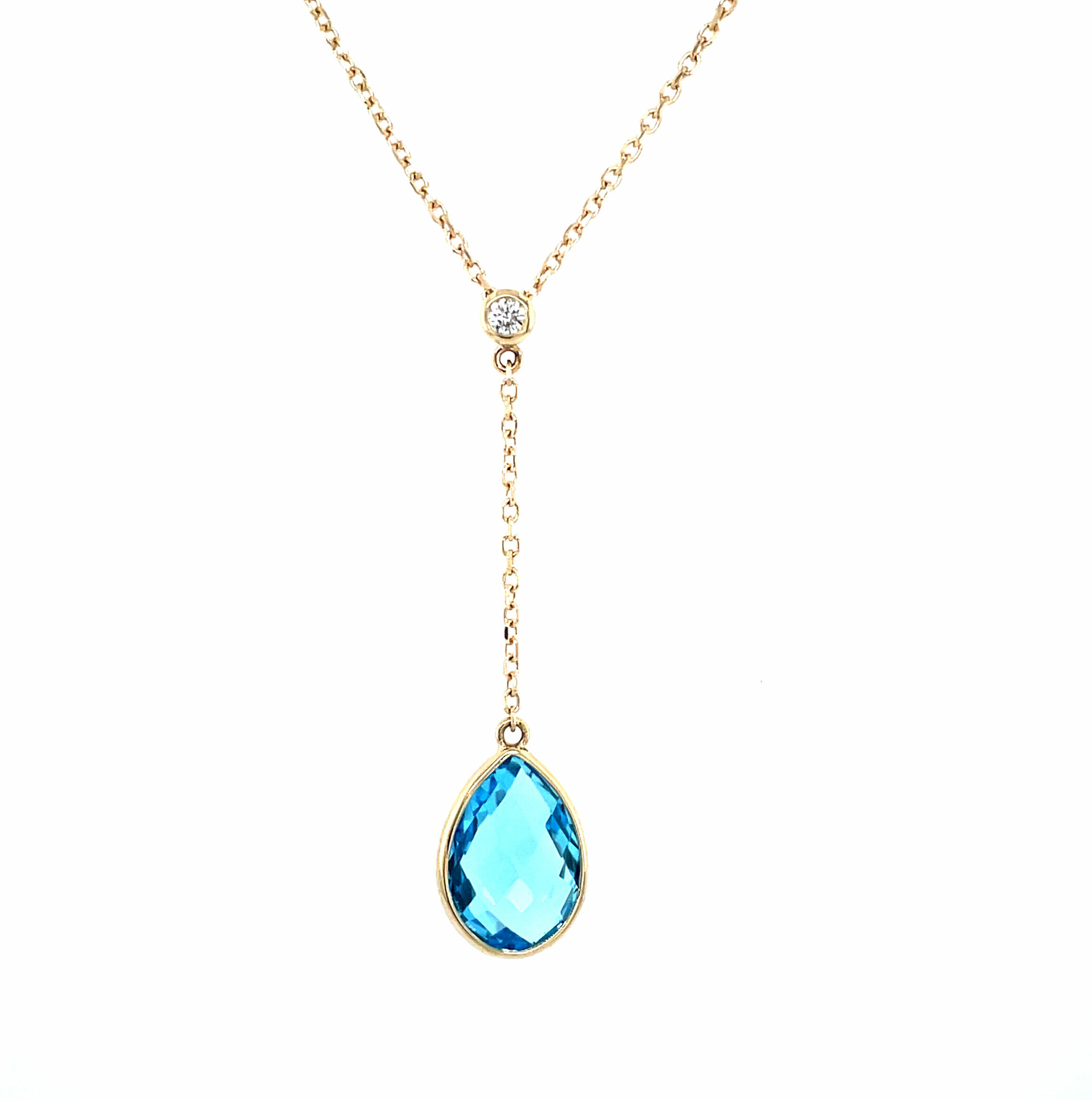 Yellow Gold Blue Topaz Briolette and Diamond Drop Necklace