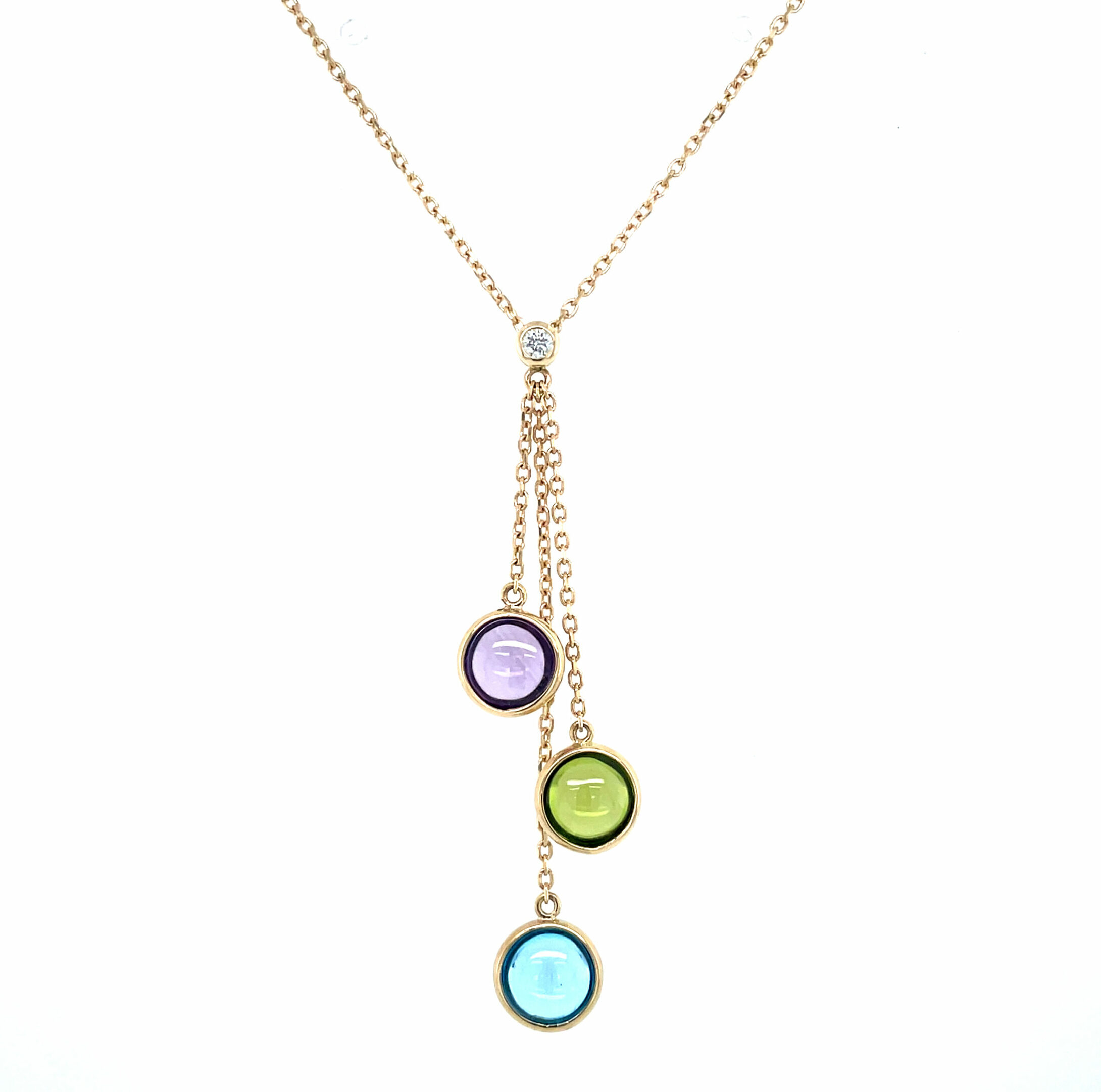 Yellow Gold Amethyst, Blue Topaz, Peridot, and Diamond Drop Necklace