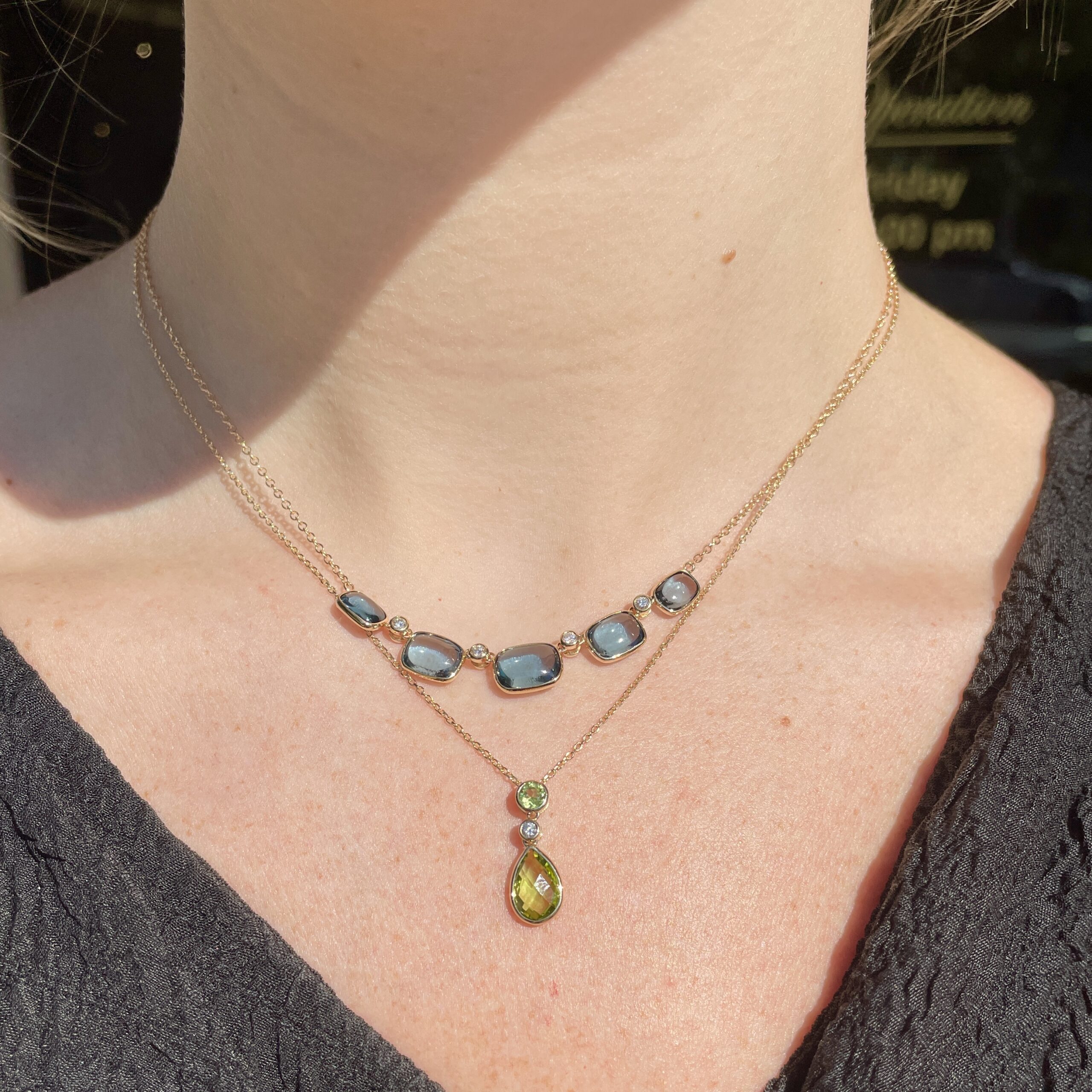 Yellow Gold Peridot and Diamond Drop Necklace