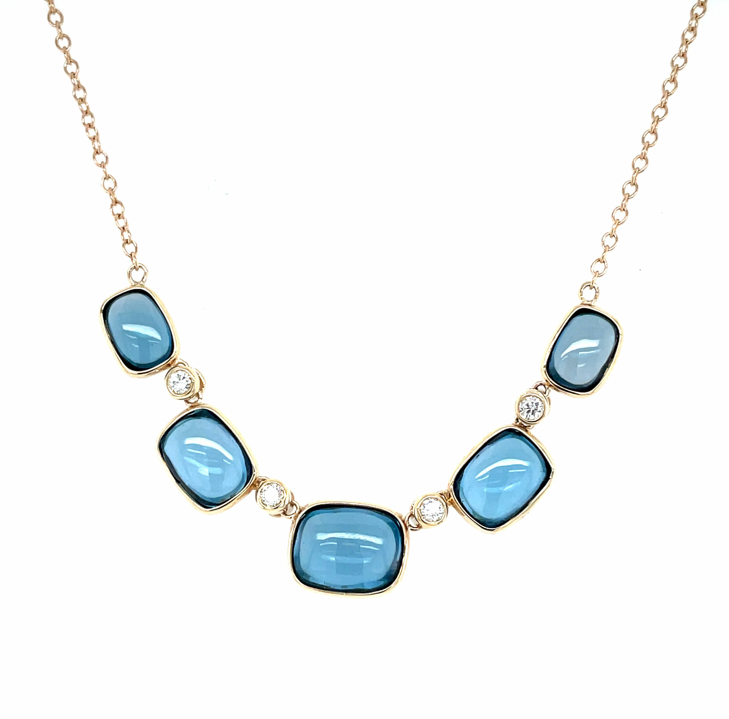 Yellow Gold Blue Topaz and Diamond Bezel Necklace