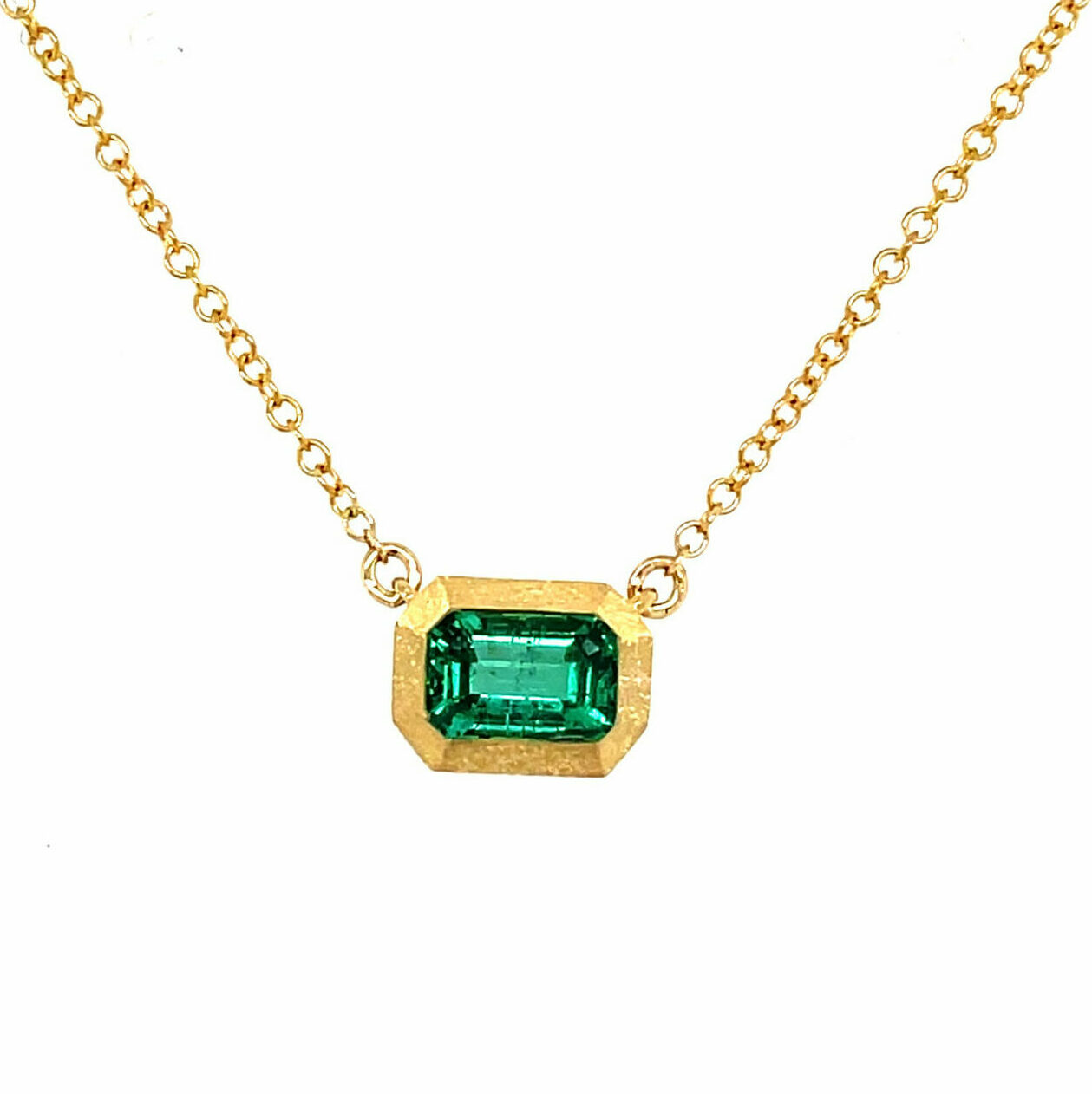 Brushed Yellow Gold Bezel Set Emerald Necklace