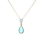 Yellow Gold Blue Topaz and Diamond Double Drop Necklace
