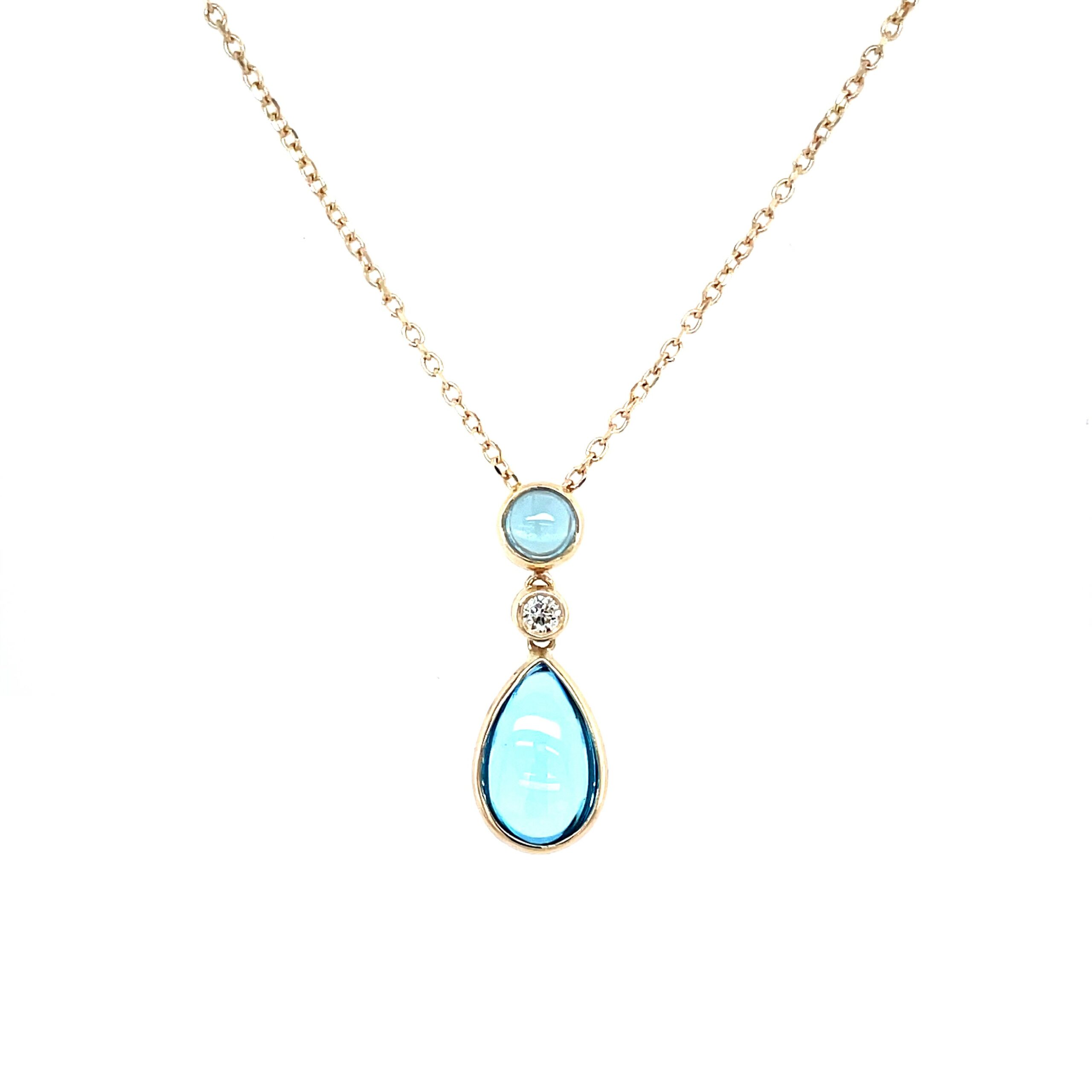 Yellow Gold Blue Topaz and Diamond Double Drop Necklace