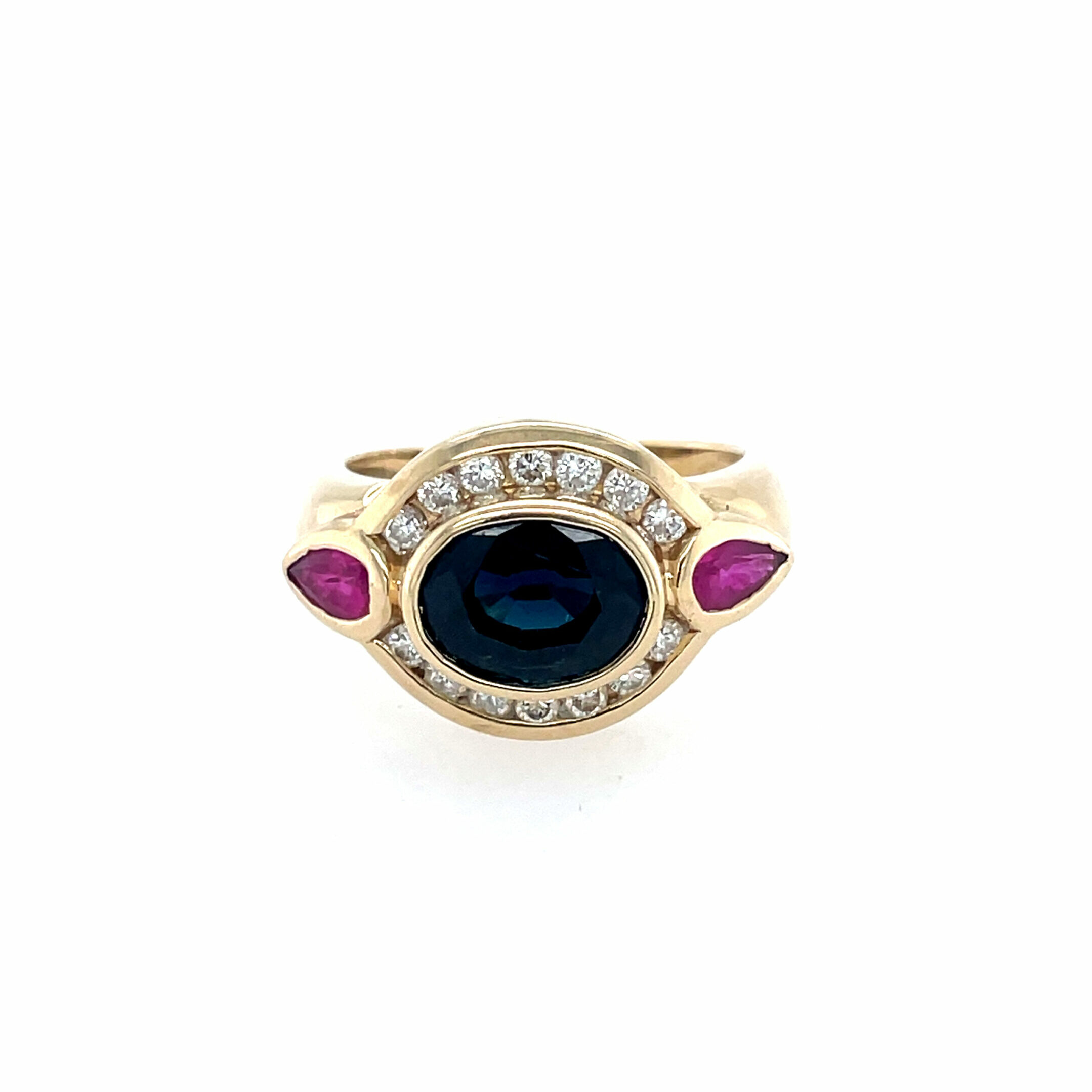 Estate: Yellow Gold Sapphire, Ruby, and Diamond Ring